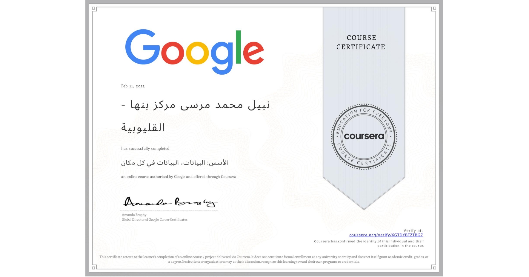 View certificate for نبيل محمد مرسی  مركز بنها - القليوبية, الأسس: البيانات، البيانات في كل مكان, an online non-credit course authorized by Google and offered through Coursera
