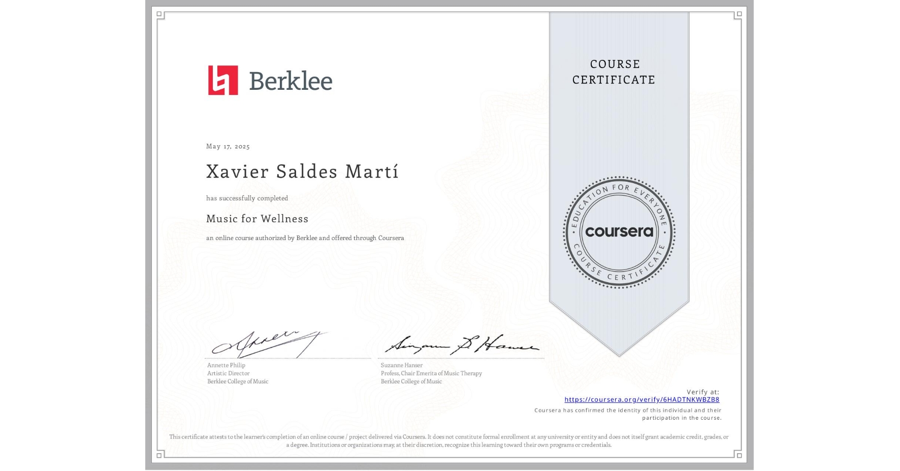 View certificate for Xavier Saldes Martí, Music for Wellness, an online non-credit course authorized by Berklee and offered through Coursera
