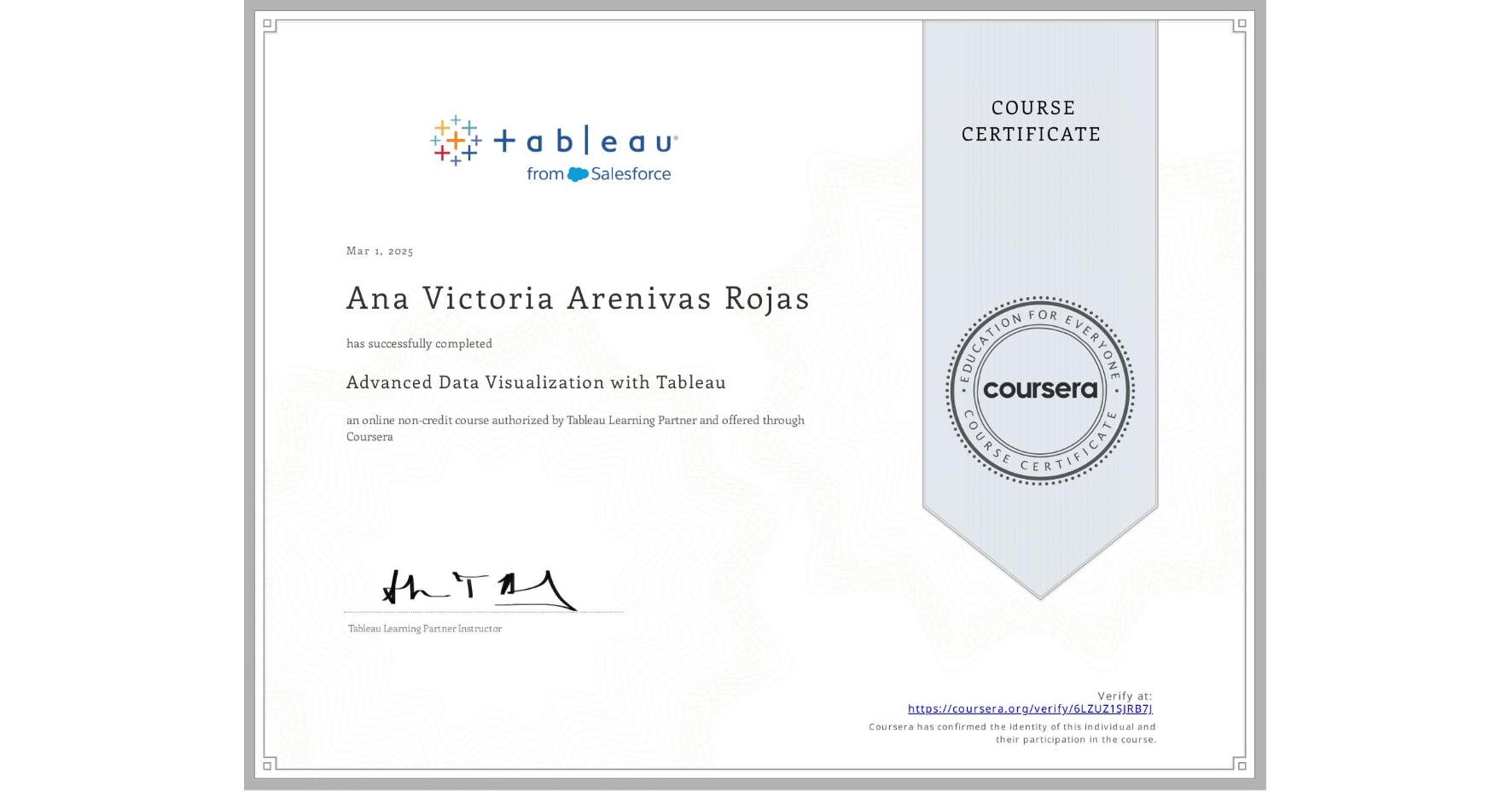 View certificate for Ana Victoria Arenivas Rojas, Advanced Data Visualization with Tableau, an online non-credit course authorized by Tableau Learning Partner and offered through Coursera