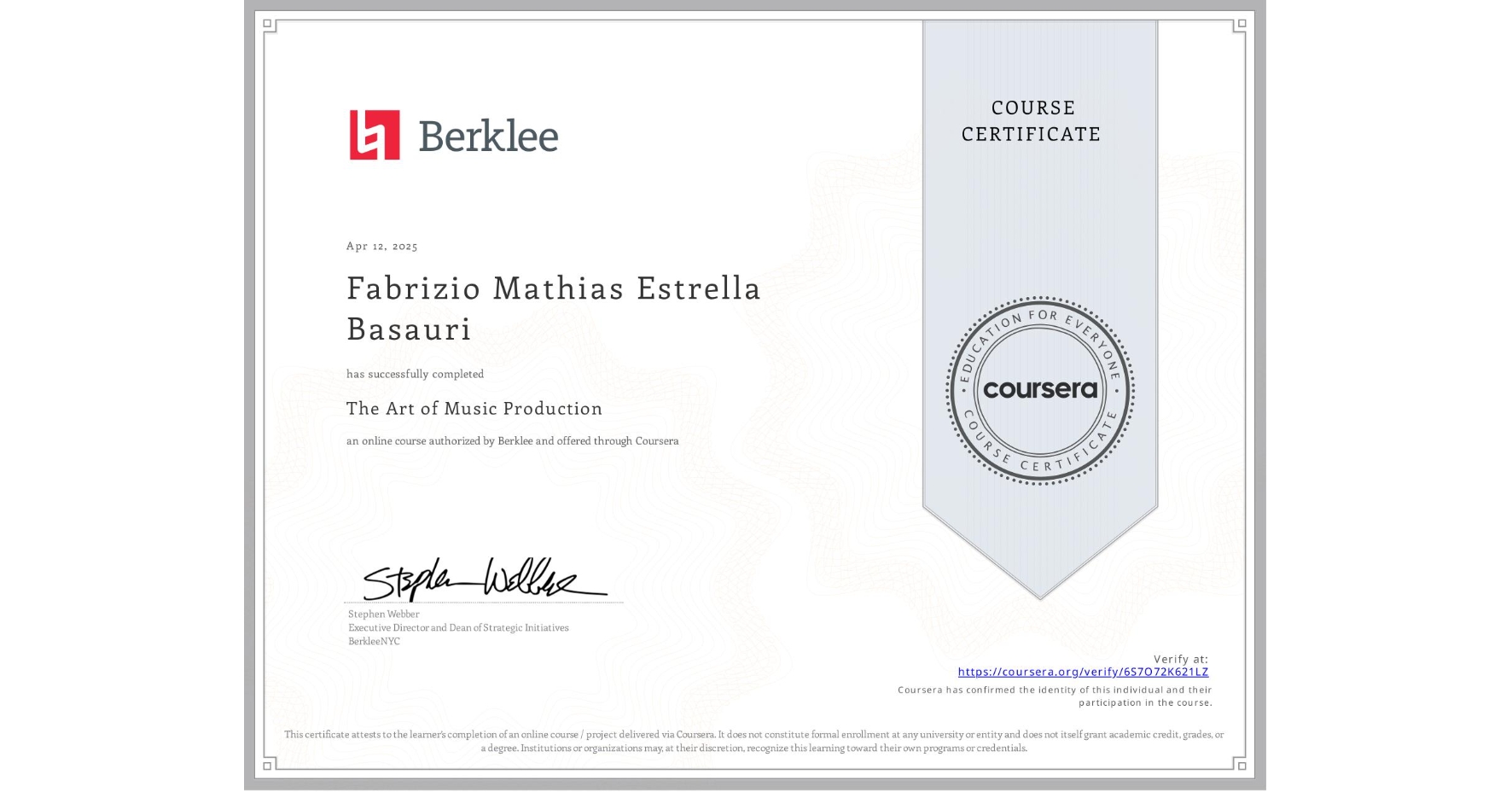 View certificate for Fabrizio Mathias Estrella Basauri, The Art of Music Production, an online non-credit course authorized by Berklee and offered through Coursera