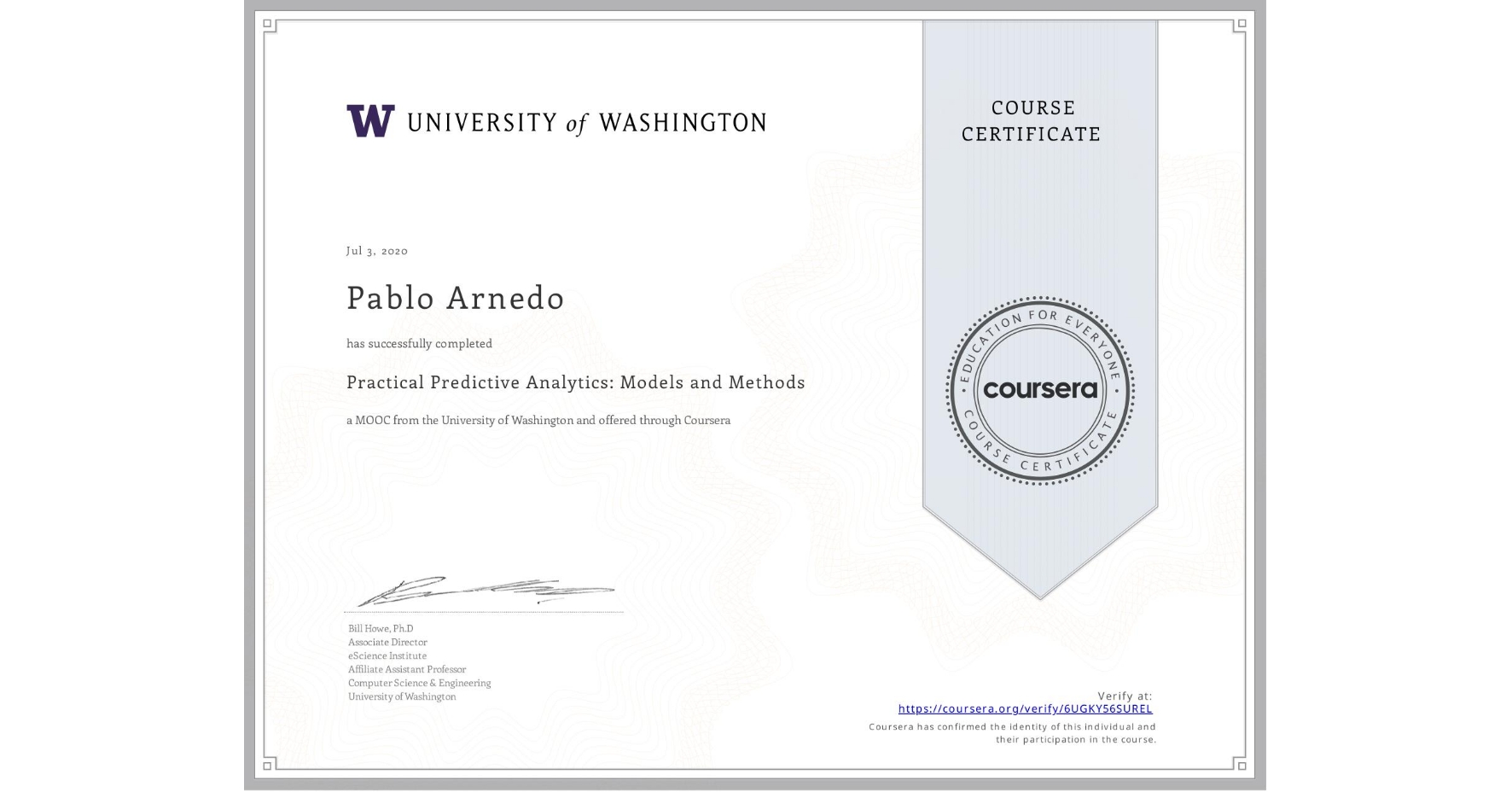 View certificate for Pablo Arnedo, Practical Predictive Analytics: Models and Methods, an online non-credit course authorized by University of Washington and offered through Coursera