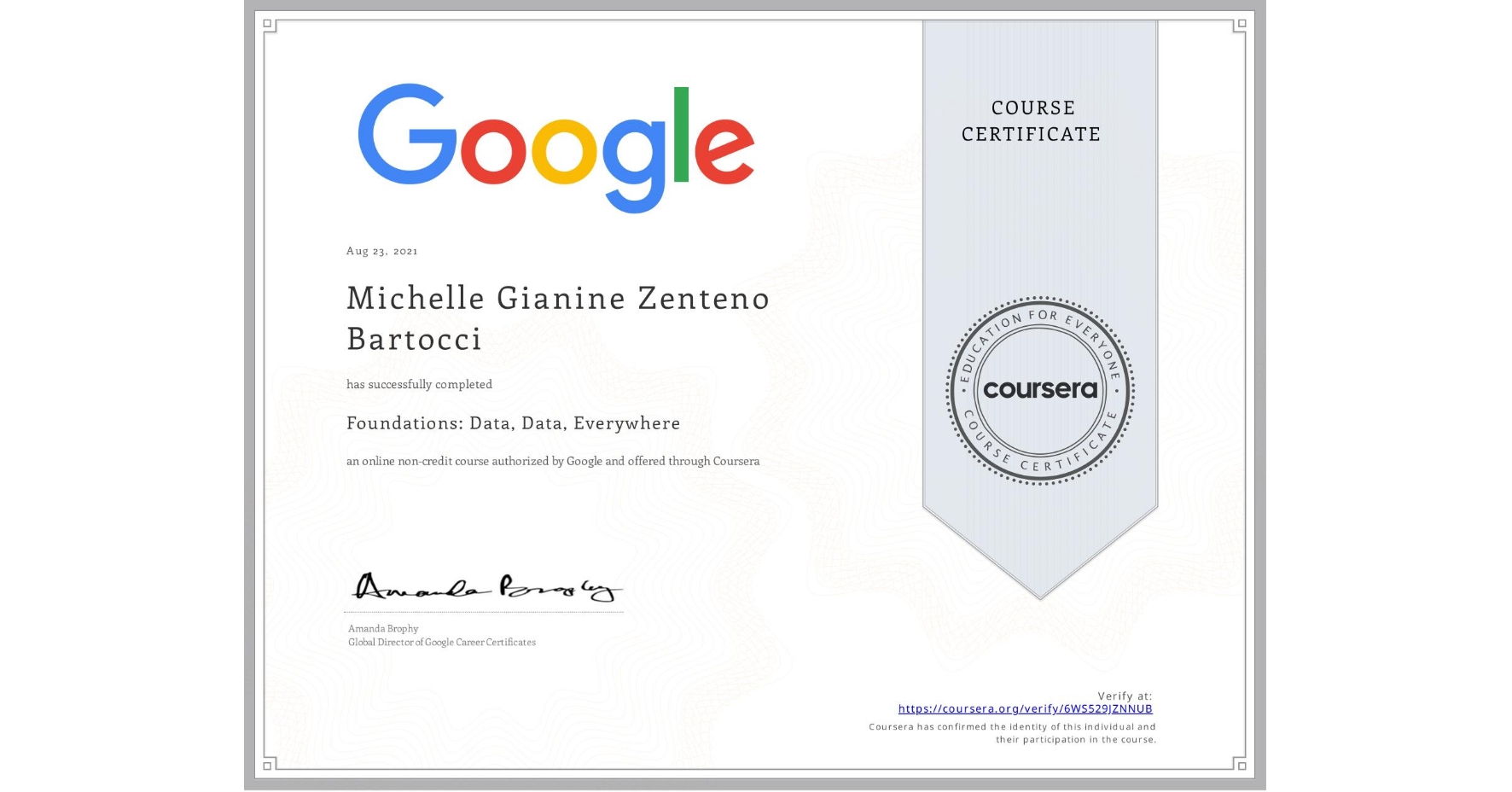 View certificate for Michelle Gianine Zenteno Bartocci, Foundations: Data, Data, Everywhere, an online non-credit course authorized by Google and offered through Coursera