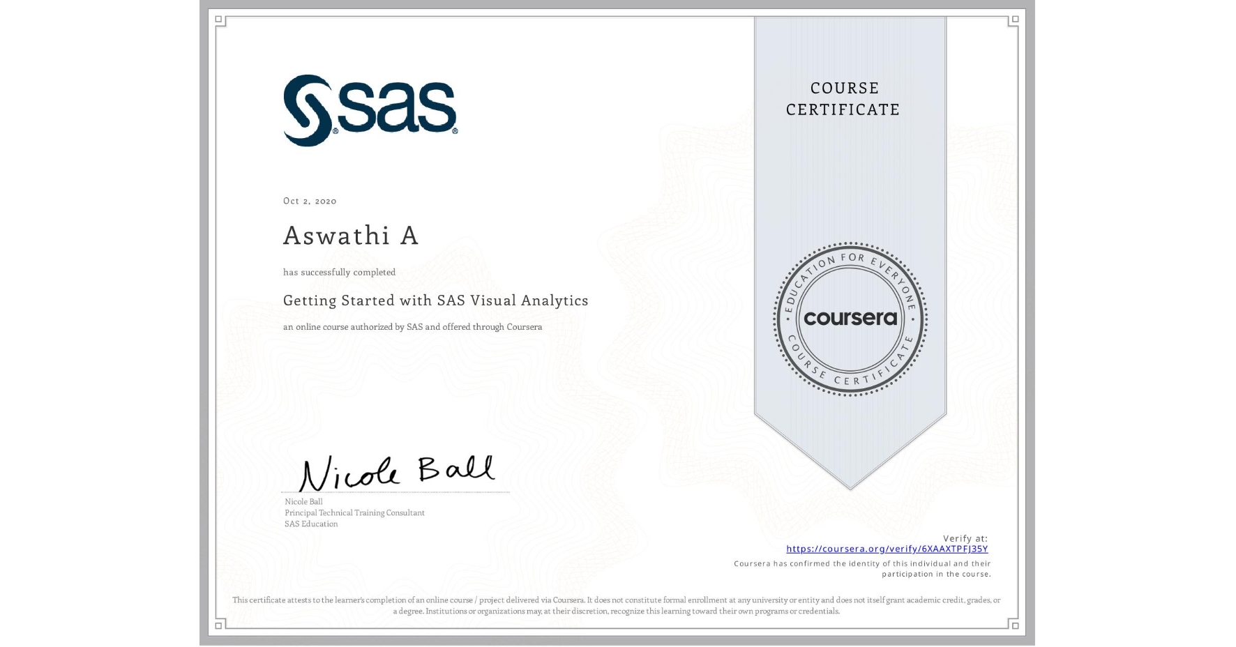 View certificate for Aswathi A, Getting Started with SAS Visual Analytics , an online non-credit course authorized by SAS and offered through Coursera