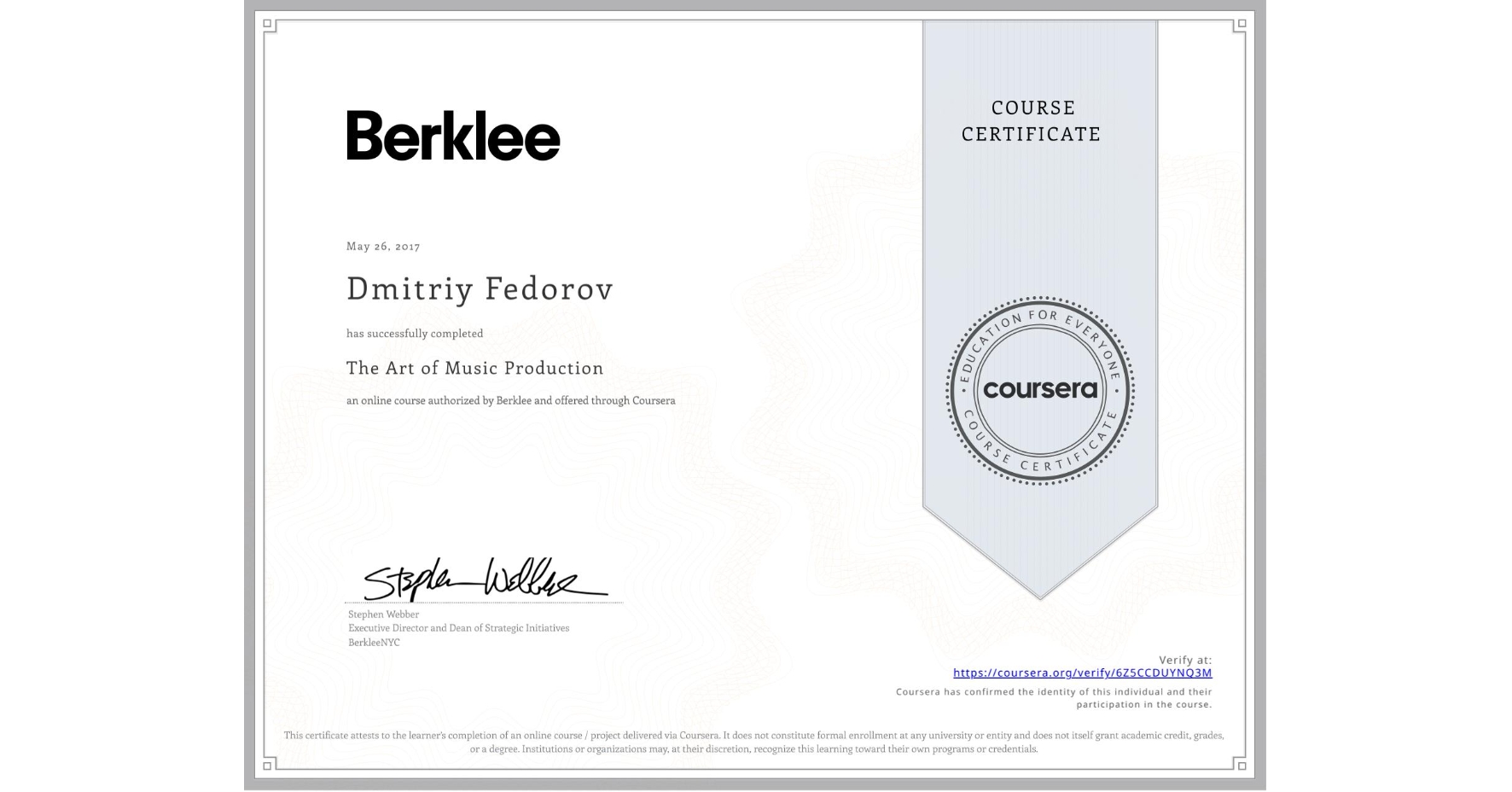 View certificate for Dmitriy Fedorov, The Art of Music Production, an online non-credit course authorized by Berklee and offered through Coursera
