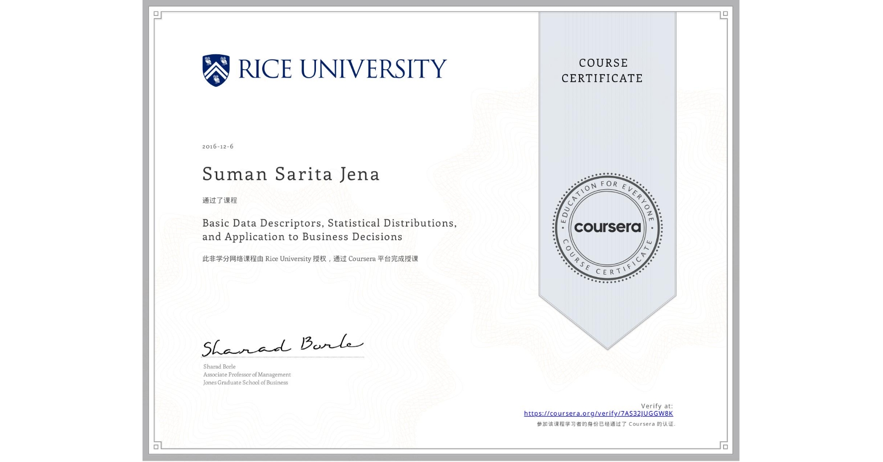 View certificate for Suman Sarita Jena, Basic Data Descriptors, Statistical Distributions, and Application to Business Decisions, an online non-credit course authorized by Rice University and offered through Coursera