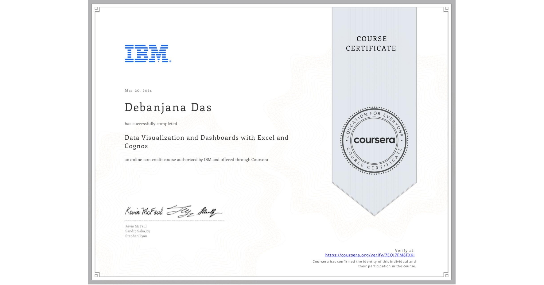 View certificate for Debanjana Das, Data Visualization and Dashboards with Excel and Cognos, an online non-credit course authorized by IBM and offered through Coursera