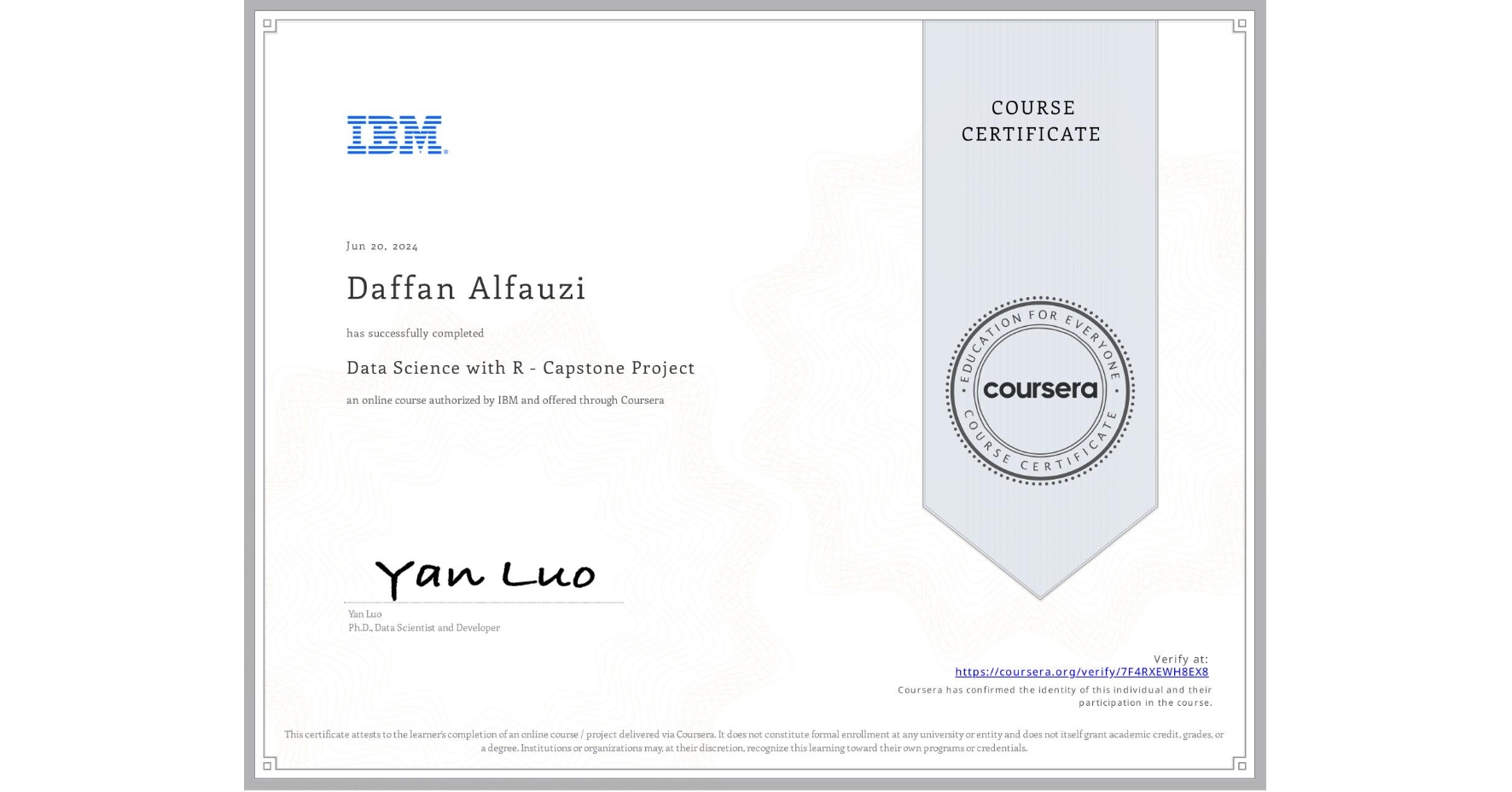 View certificate for Daffan Alfauzi, Data Science with R - Capstone Project, an online non-credit course authorized by IBM and offered through Coursera