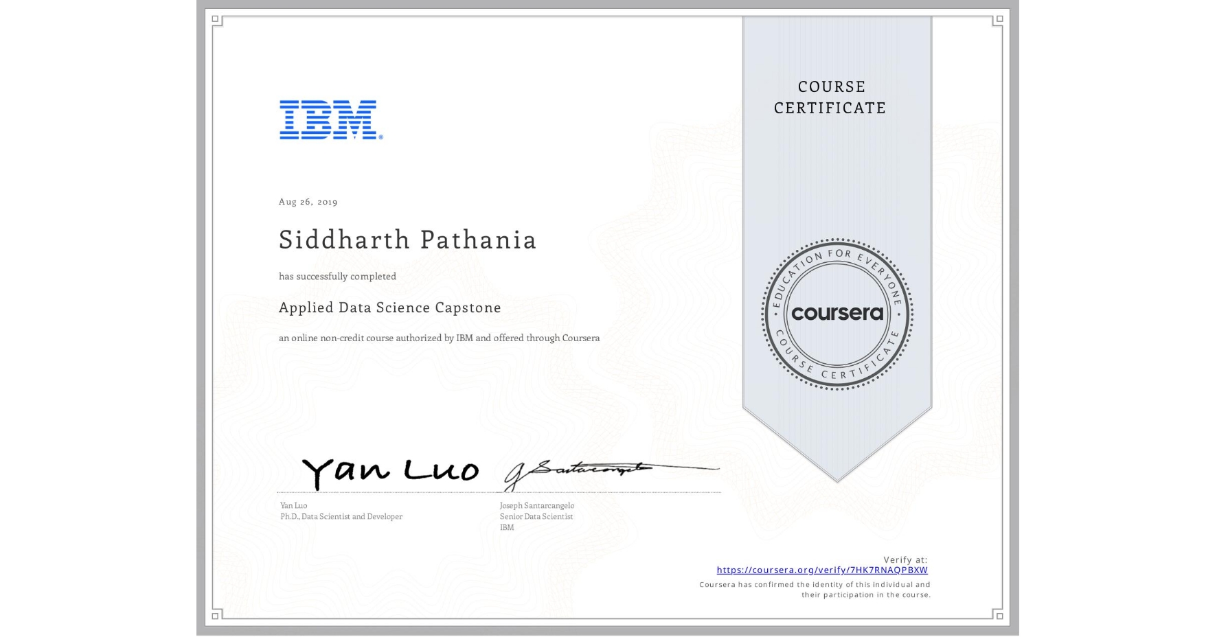 View certificate for Siddharth Pathania, Applied Data Science Capstone, an online non-credit course authorized by IBM and offered through Coursera