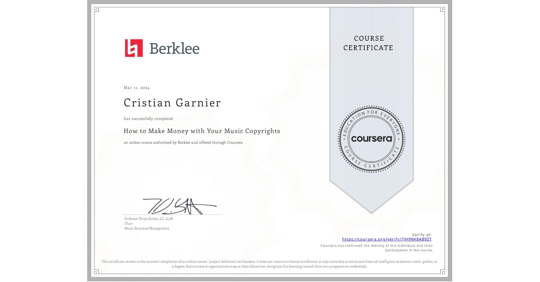 View certificate for Cristian Garnier, How to Make Money with Your Music Copyrights, an online non-credit course authorized by Berklee and offered through Coursera