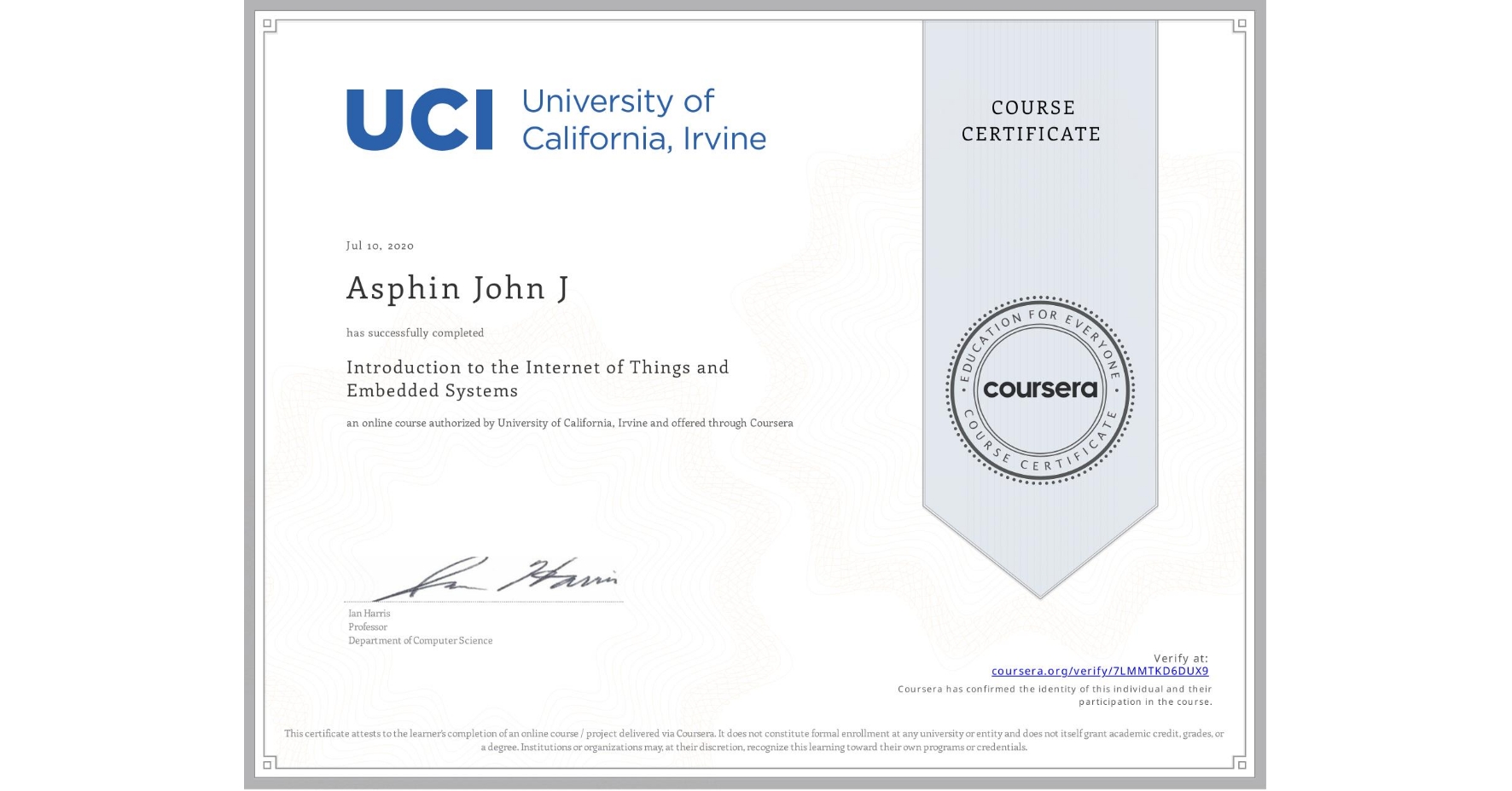 View certificate for Asphin John J, Introduction to the Internet of Things and Embedded Systems, an online non-credit course authorized by University of California, Irvine and offered through Coursera