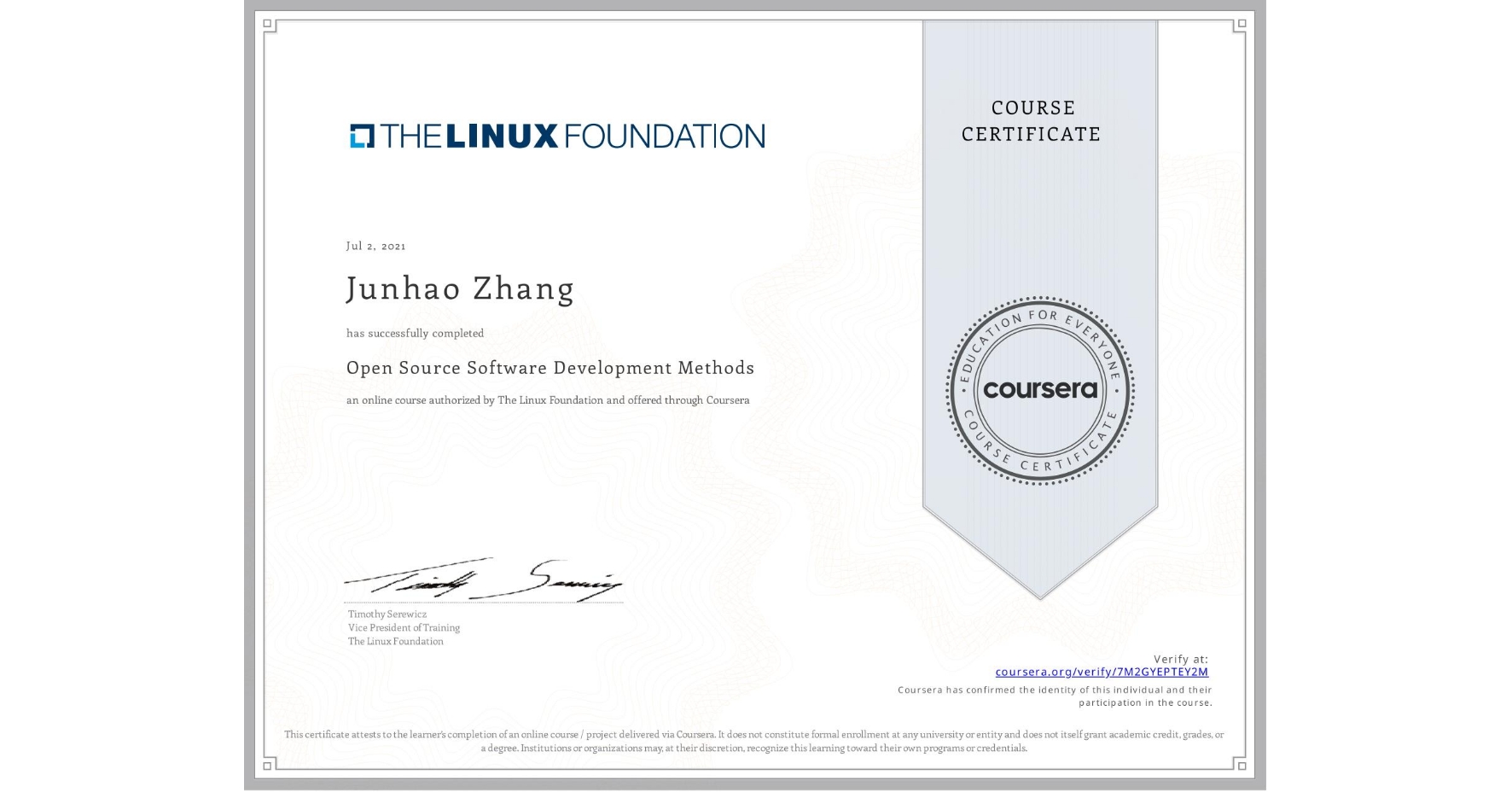 View certificate for Junhao Zhang, Open Source Software Development Methods, an online non-credit course authorized by The Linux Foundation and offered through Coursera