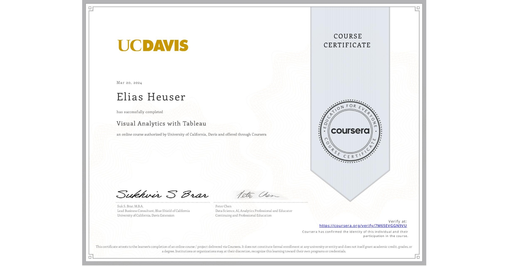 View certificate for Elias Heuser, Visual Analytics with Tableau, an online non-credit course authorized by University of California, Davis and offered through Coursera