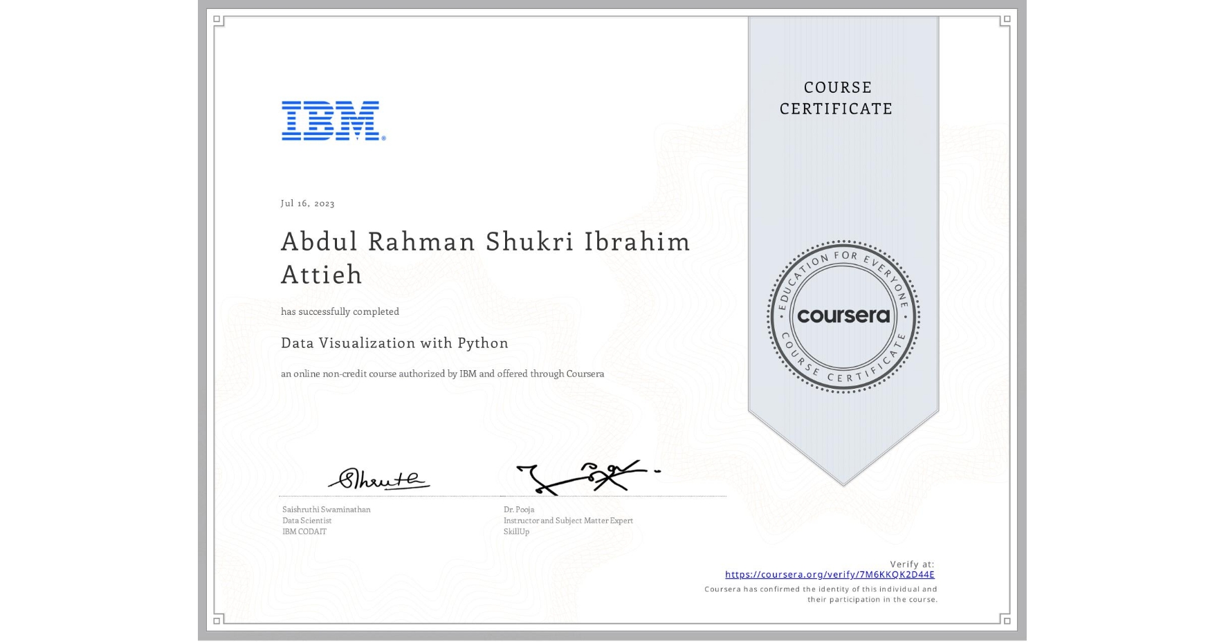 View certificate for Abdul Rahman Shukri Ibrahim Attieh  , Data Visualization with Python, an online non-credit course authorized by IBM and offered through Coursera