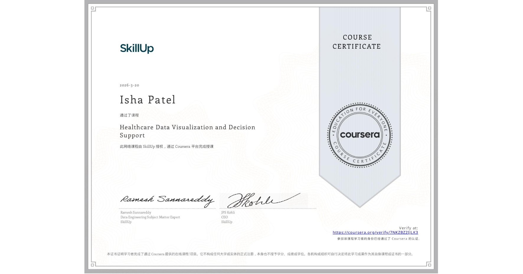 View certificate for Isha Patel, Healthcare Data Visualization and Decision Support, an online non-credit course authorized by SkillUp and offered through Coursera