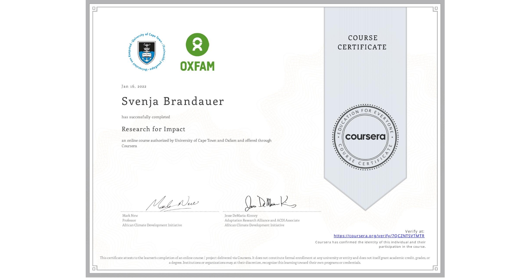 View certificate for Svenja Brandauer, Research for Impact, an online non-credit course authorized by University of Cape Town & Oxfam and offered through Coursera