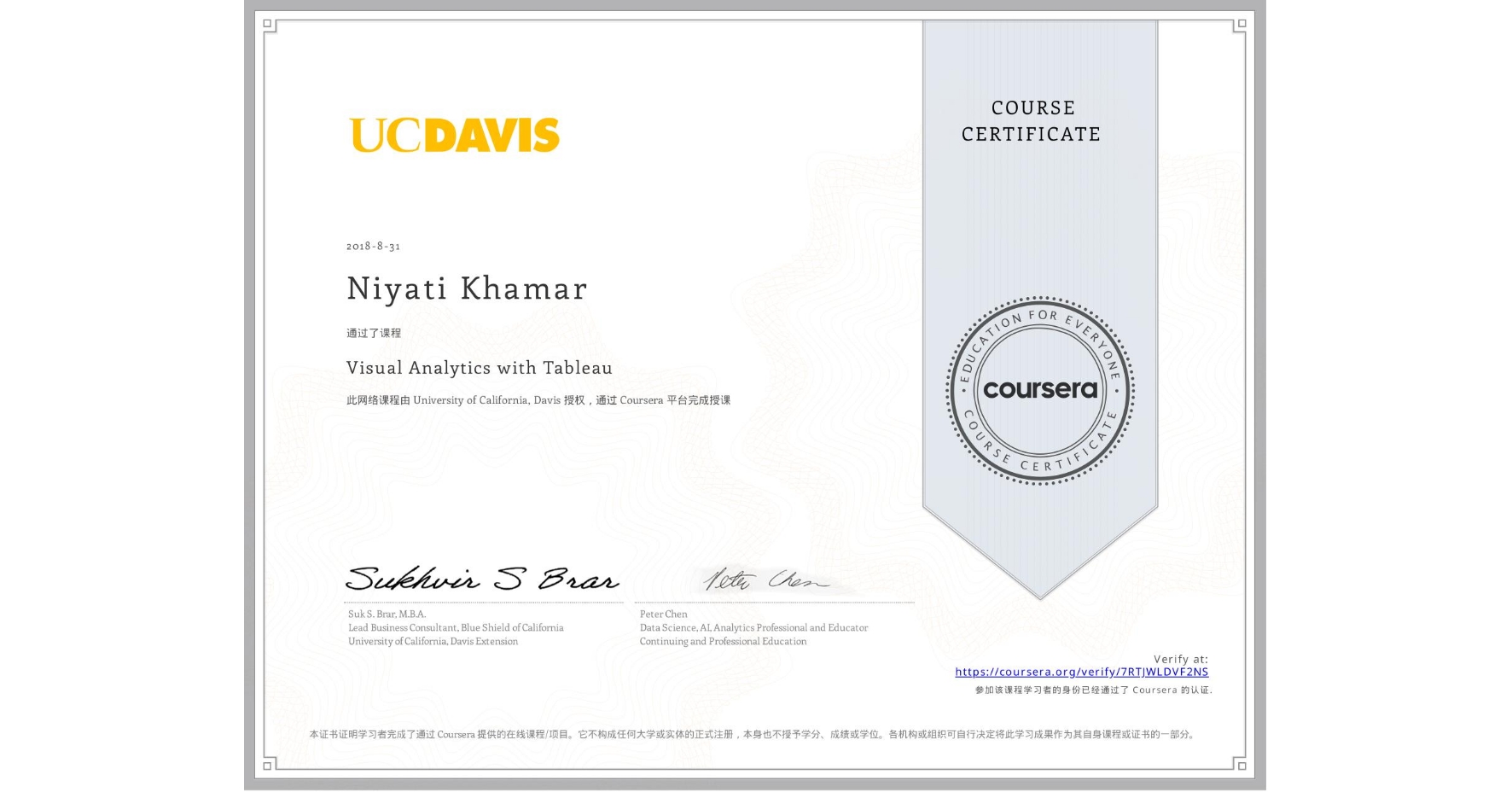 View certificate for Niyati Khamar , Visual Analytics with Tableau, an online non-credit course authorized by University of California, Davis and offered through Coursera
