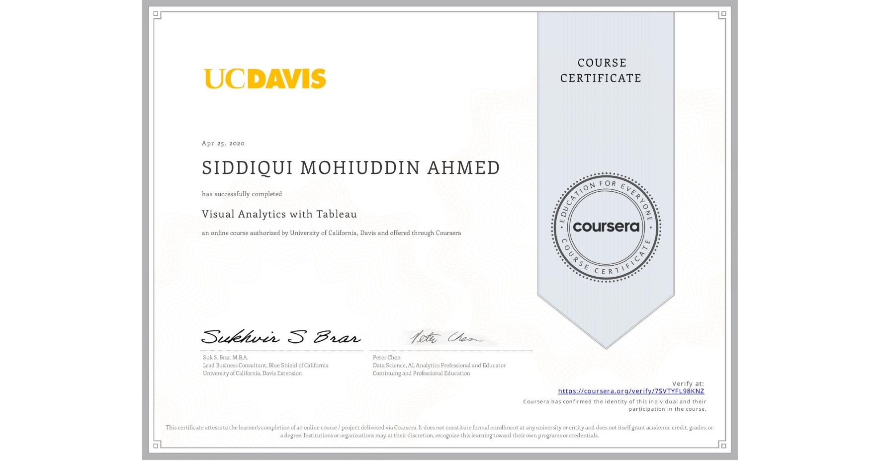 View certificate for SIDDIQUI MOHIUDDIN AHMED, Visual Analytics with Tableau, an online non-credit course authorized by University of California, Davis and offered through Coursera