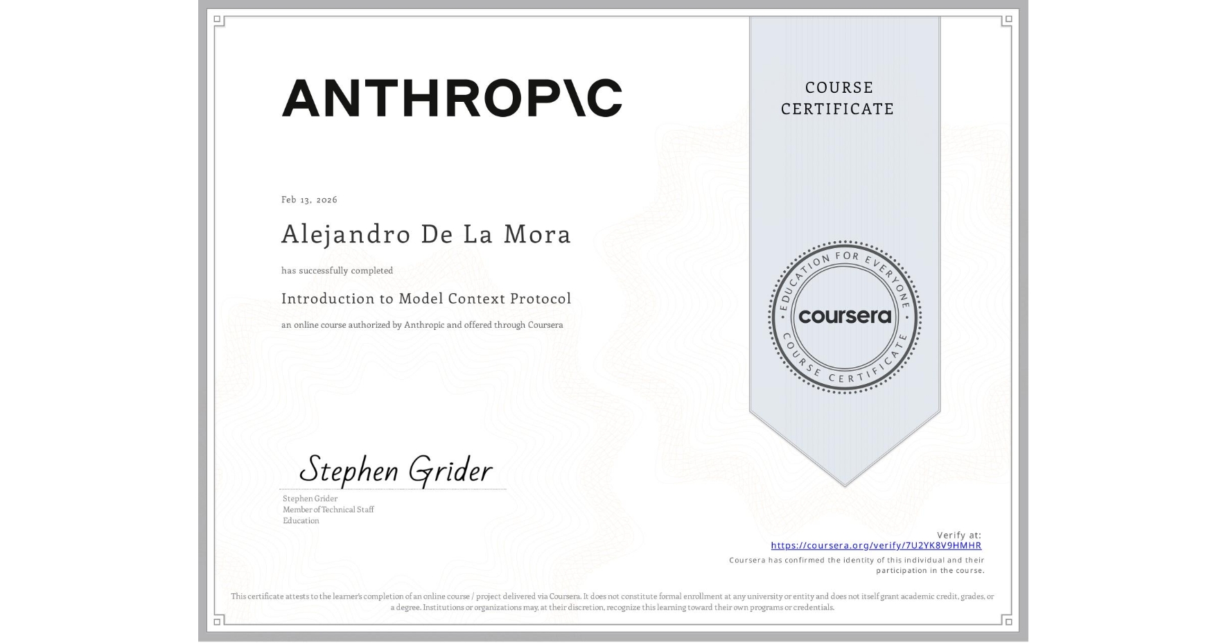 Introduction to Model Context Protocol certificate