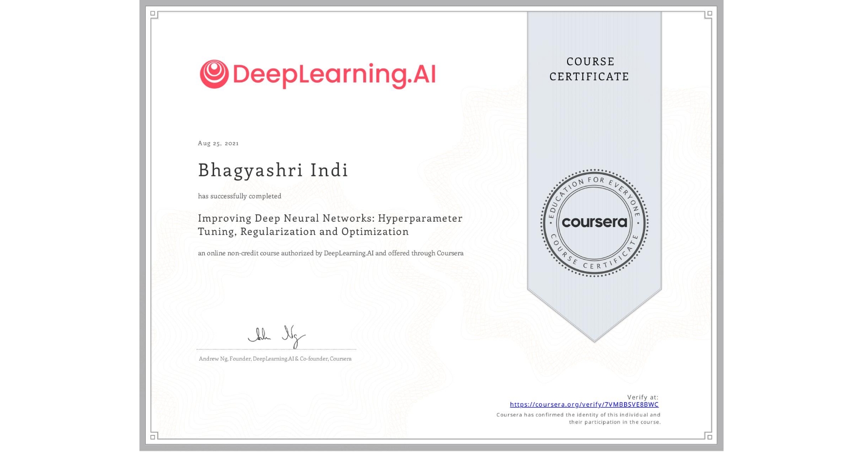 View certificate for Bhagyashri Indi, Improving Deep Neural Networks: Hyperparameter Tuning, Regularization and Optimization, an online non-credit course authorized by DeepLearning.AI and offered through Coursera