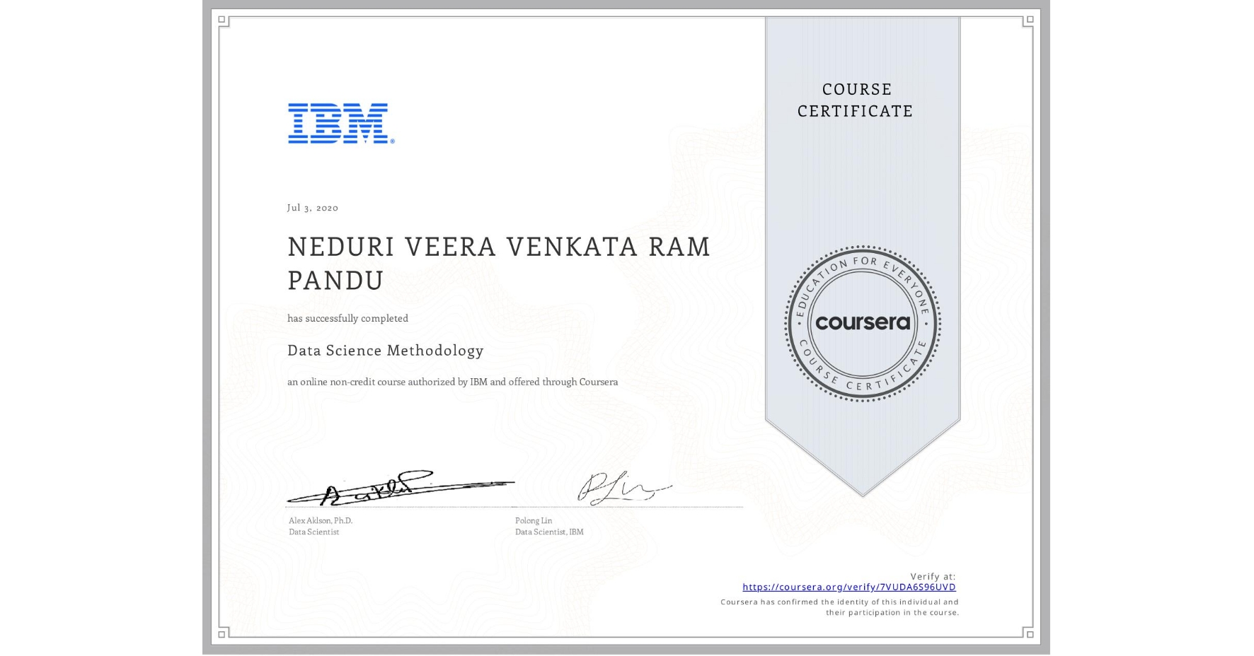 View certificate for NEDURI VEERA VENKATA RAM PANDU, Data Science Methodology, an online non-credit course authorized by IBM and offered through Coursera