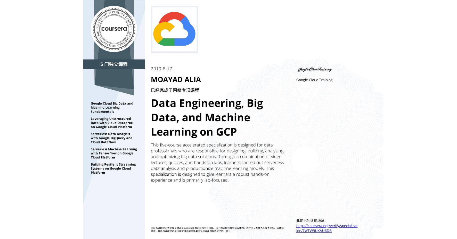 View certificate for MOAYAD ALIA, Data Engineering, Big Data, and Machine Learning on GCP, offered through Coursera. This five-course accelerated specialization is designed for data professionals who are responsible for designing, building, analyzing, and optimizing big data solutions. Through a combination of video lectures, quizzes, and hands-on labs, learners carried out serverless data analysis and productionize machine learning models. This specialization is designed to give learners a robust hands-on experience and is primarily lab-focused.
