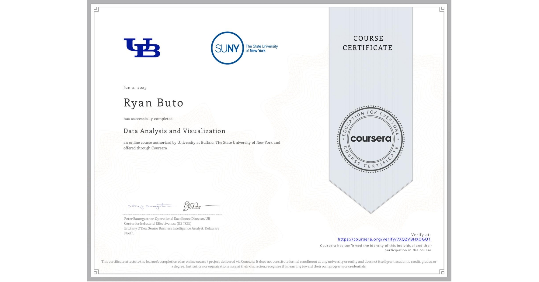 View certificate for Ryan Buto , Data Analysis and Visualization, an online non-credit course authorized by University at Buffalo & The State University of New York and offered through Coursera