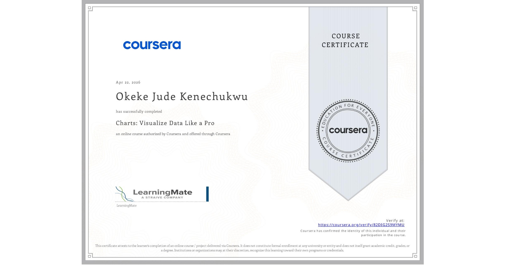 View certificate for Okeke Jude Kenechukwu , Charts: Visualize Data Like a Pro, an online non-credit course authorized by Coursera and offered through Coursera