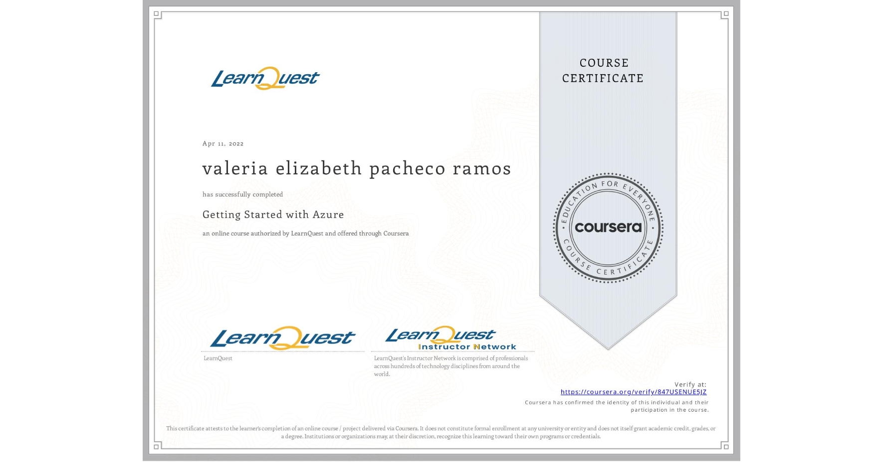 View certificate for valeria elizabeth pacheco ramos, Getting Started with Azure, an online non-credit course authorized by LearnQuest and offered through Coursera