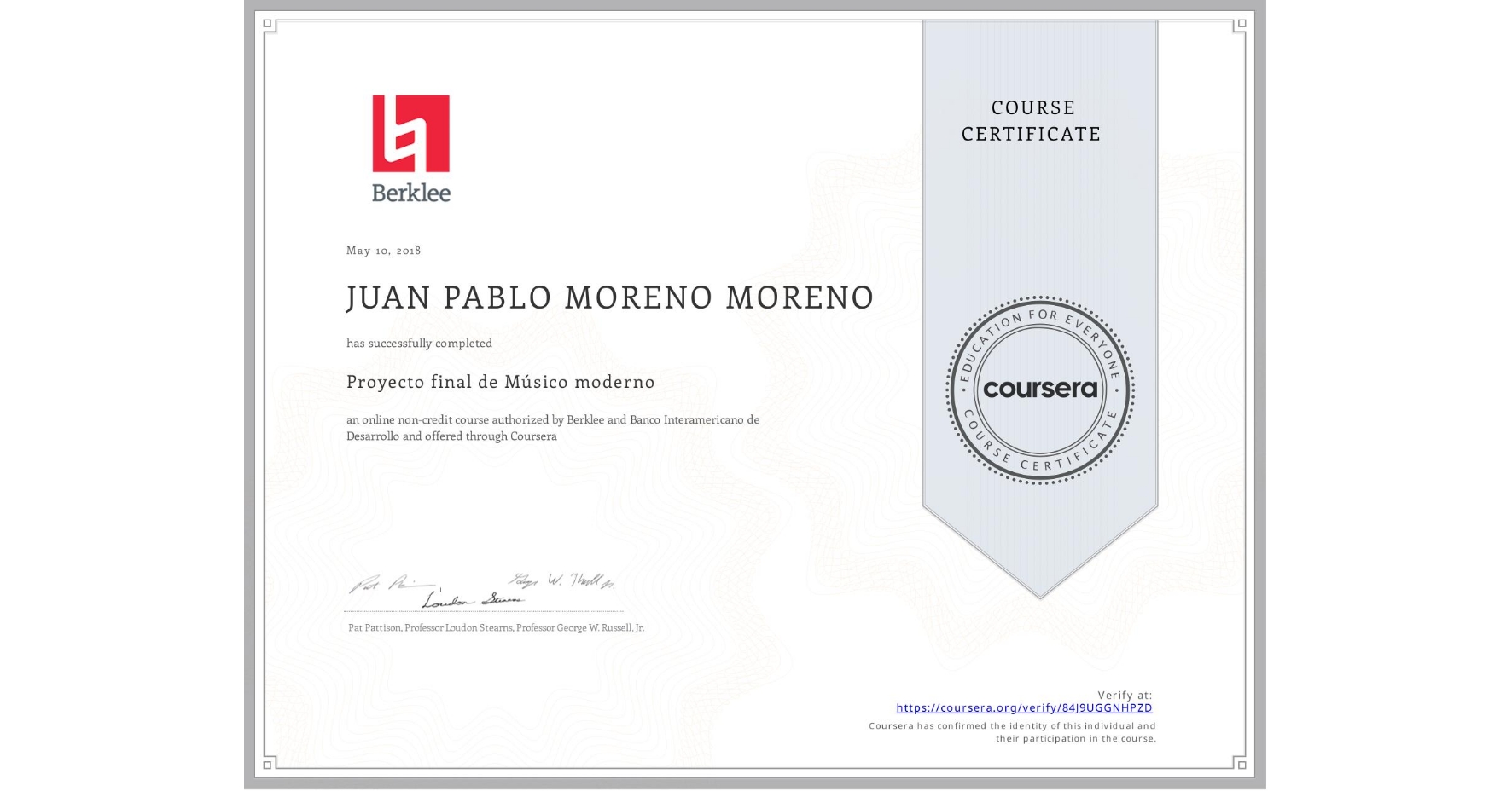 View certificate for JUAN PABLO  MORENO MORENO, Proyecto final de Músico moderno, an online non-credit course authorized by Berklee & Banco Interamericano de Desarrollo and offered through Coursera