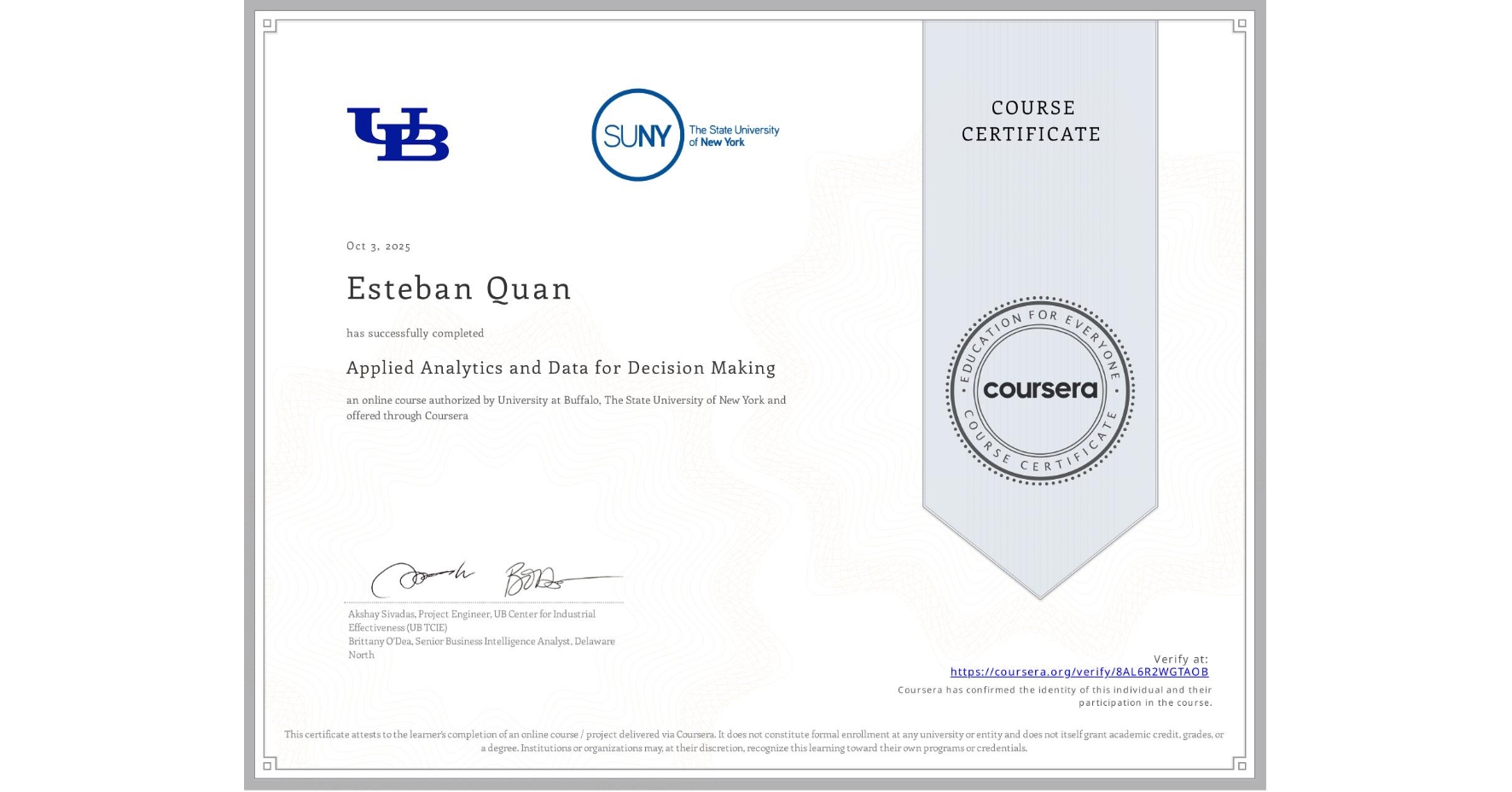 View certificate for Esteban Quan, Applied Analytics and Data for Decision Making, an online non-credit course authorized by University at Buffalo & The State University of New York and offered through Coursera