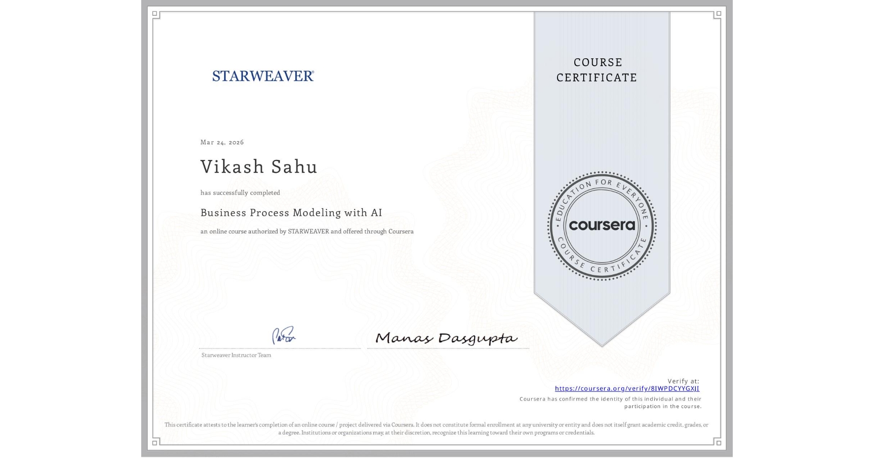 View certificate for Vikash Sahu, Business Process Modeling with AI, an online non-credit course authorized by STARWEAVER and offered through Coursera