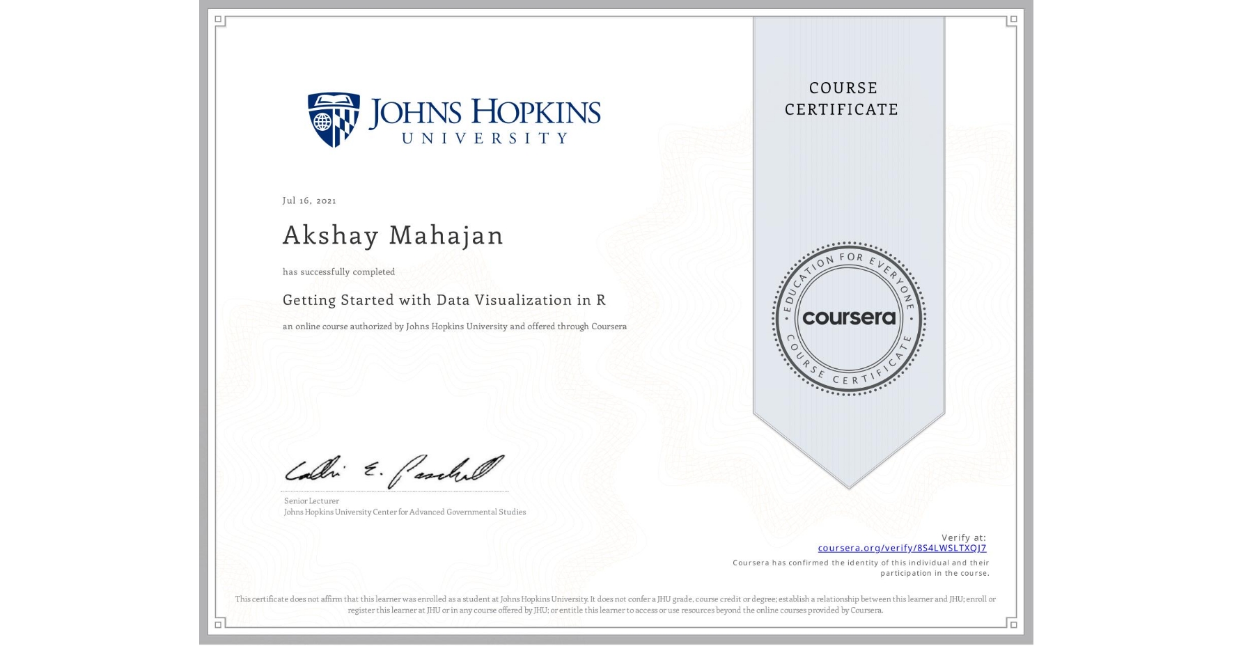 View certificate for Akshay Mahajan, Getting Started with Data Visualization in R, an online non-credit course authorized by Johns Hopkins University and offered through Coursera