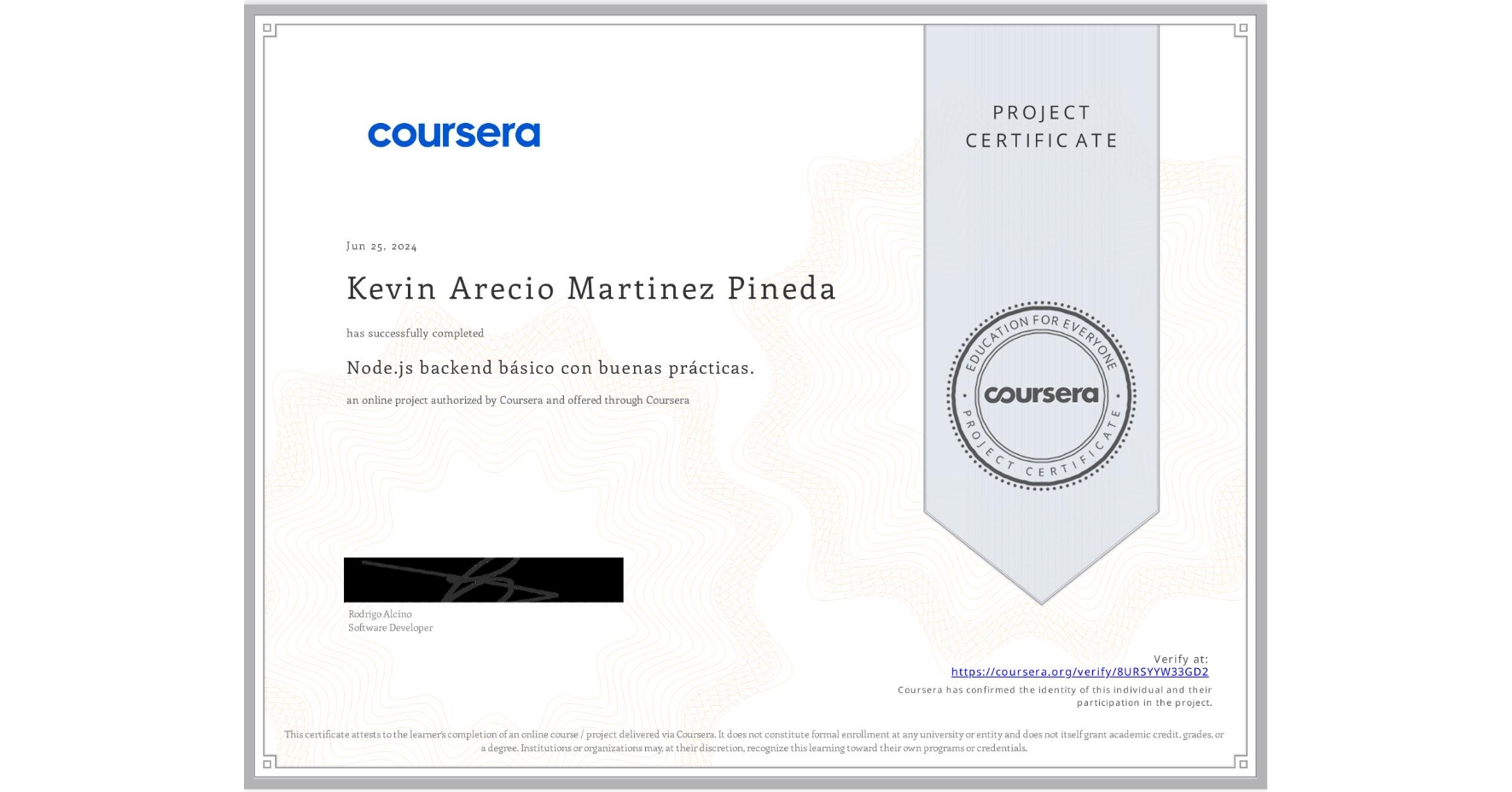 View certificate for Kevin Arecio Martinez Pineda, Node.js backend básico con buenas prácticas., an online non-credit course authorized by Coursera and offered through Coursera