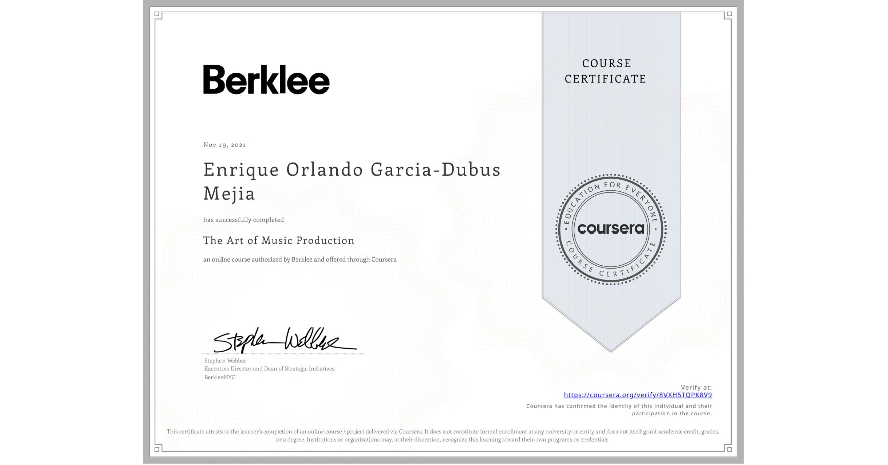 View certificate for Enrique Orlando Garcia-Dubus Mejia, The Art of Music Production, an online non-credit course authorized by Berklee and offered through Coursera