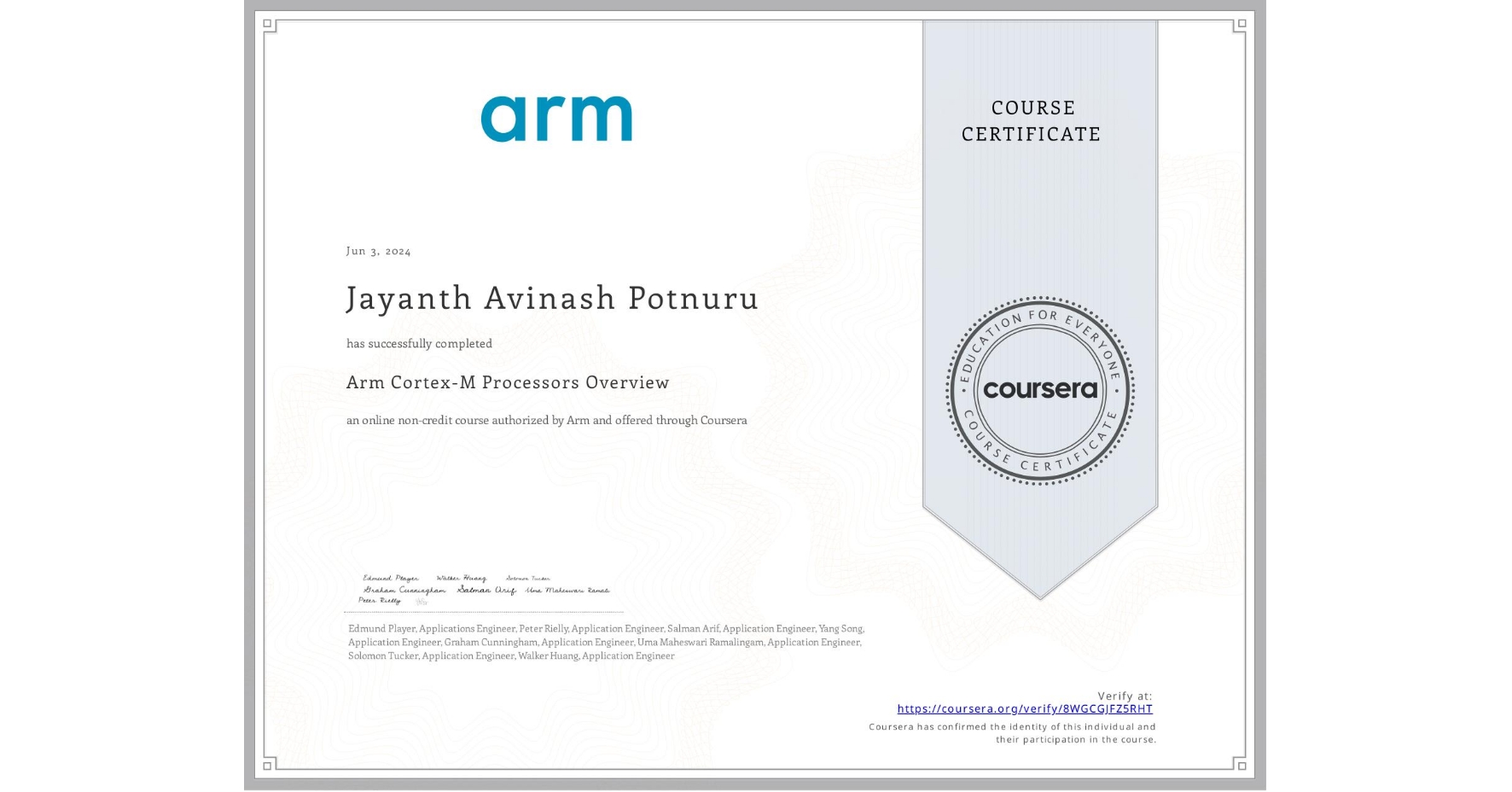 View certificate for Jayanth Avinash  Potnuru, Arm Cortex-M Processors Overview, an online non-credit course authorized by Arm and offered through Coursera