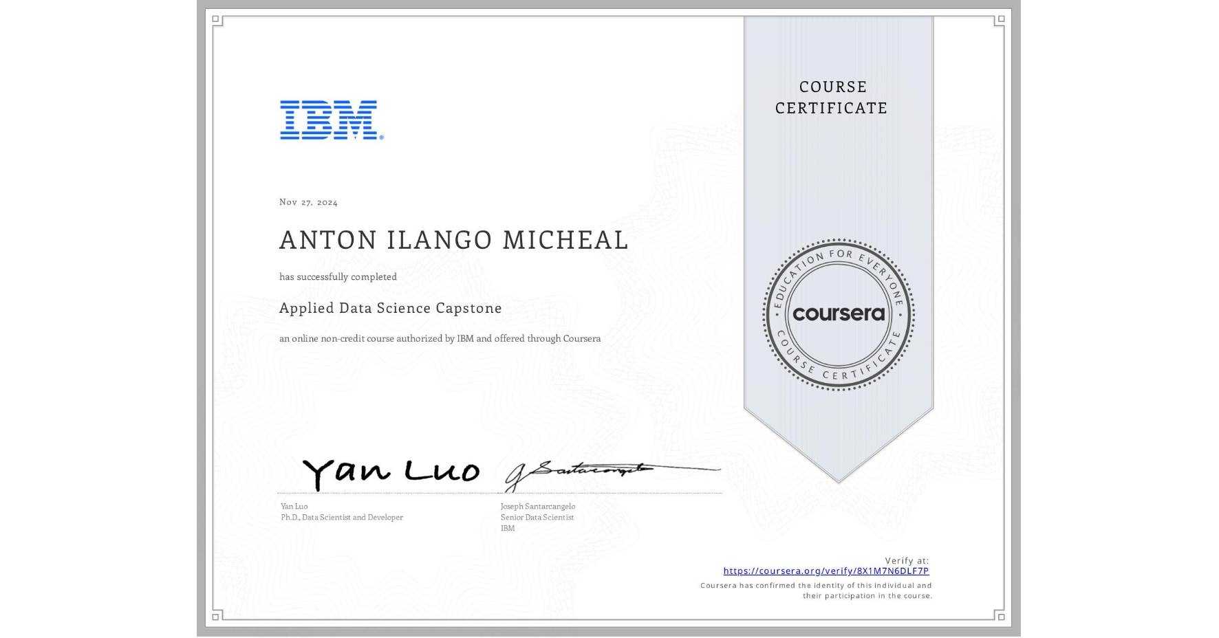 View certificate for ANTON ILANGO MICHEAL, Applied Data Science Capstone, an online non-credit course authorized by IBM and offered through Coursera