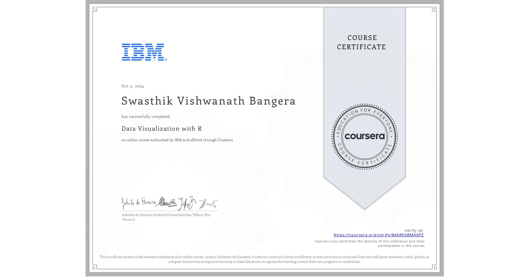 View certificate for Swasthik Vishwanath Bangera, Data Visualization with R, an online non-credit course authorized by IBM and offered through Coursera