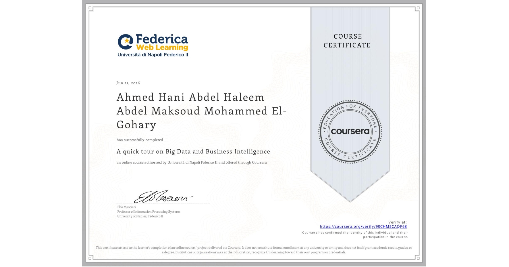 View certificate for Ahmed Hani Abdel Haleem Abdel Maksoud Mohammed El-Gohary, A quick tour on Big Data and Business Intelligence, an online non-credit course authorized by Università di Napoli Federico II and offered through Coursera