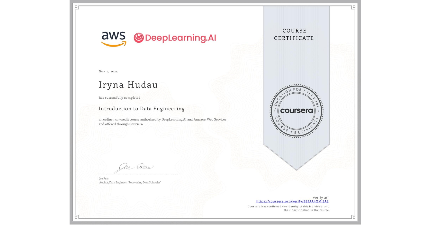 View certificate for Iryna Hudau, Introduction to Data Engineering, an online non-credit course authorized by DeepLearning.AI & Amazon Web Services and offered through Coursera