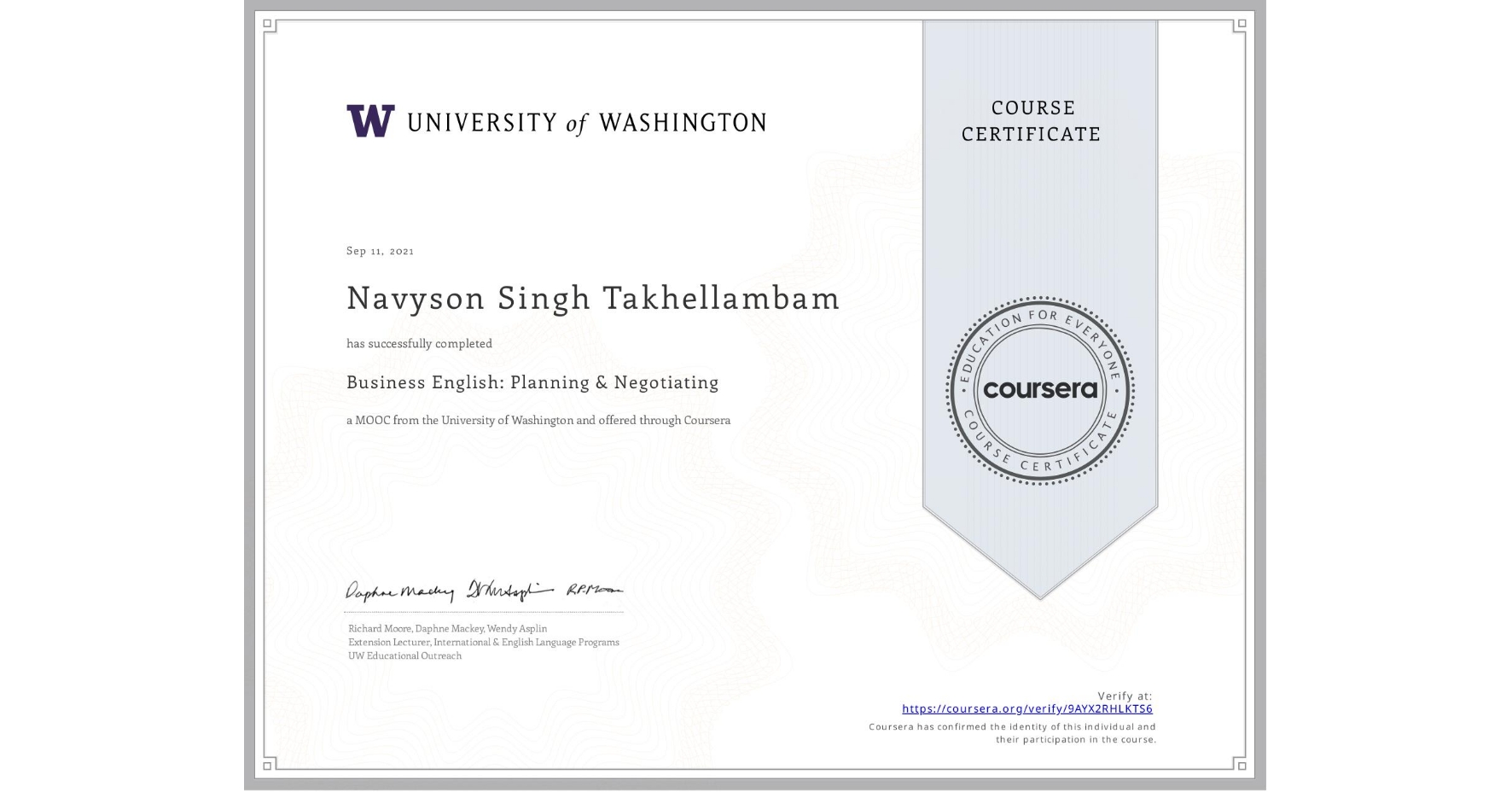 View certificate for Navyson Singh Takhellambam, Business English: Planning & Negotiating, an online non-credit course authorized by University of Washington and offered through Coursera