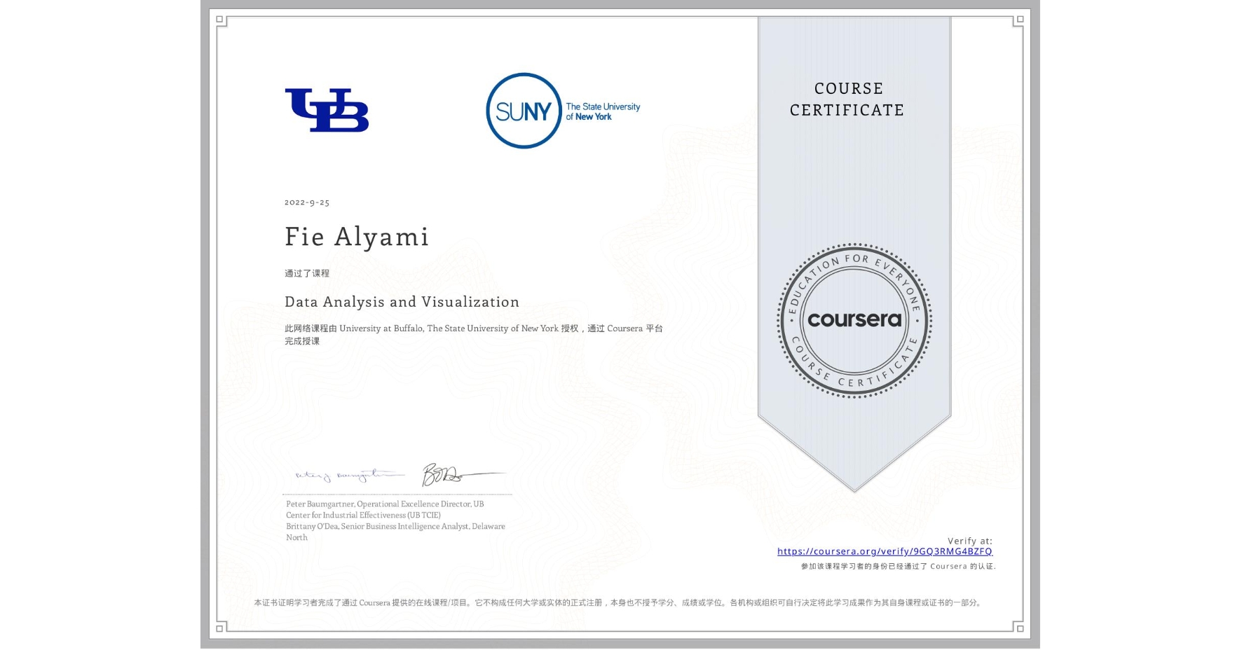 View certificate for Fie Alyami, Data Analysis and Visualization, an online non-credit course authorized by University at Buffalo & The State University of New York and offered through Coursera