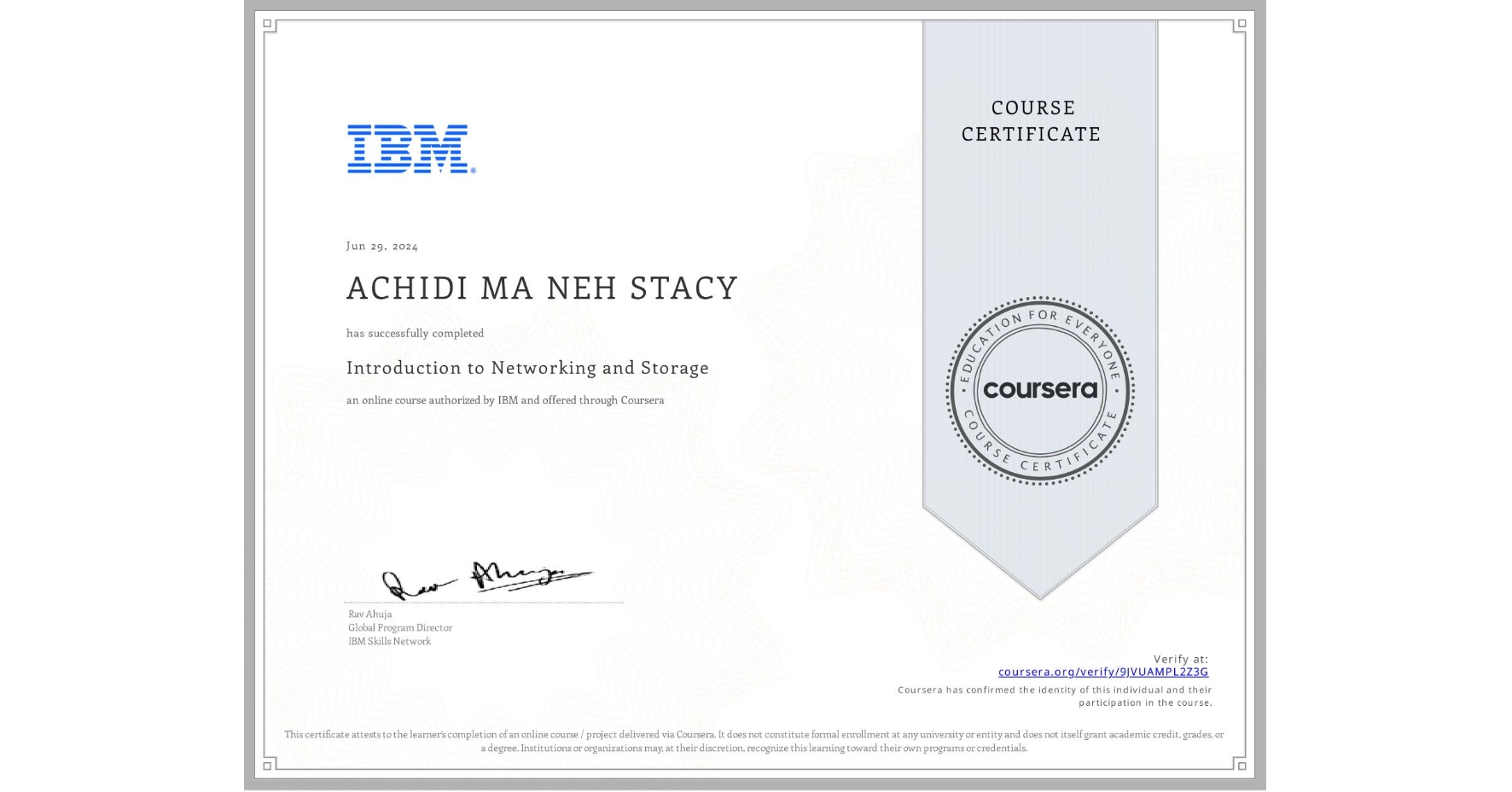 View certificate for ACHIDI MA NEH STACY, Introduction to Networking and Storage, an online non-credit course authorized by IBM and offered through Coursera