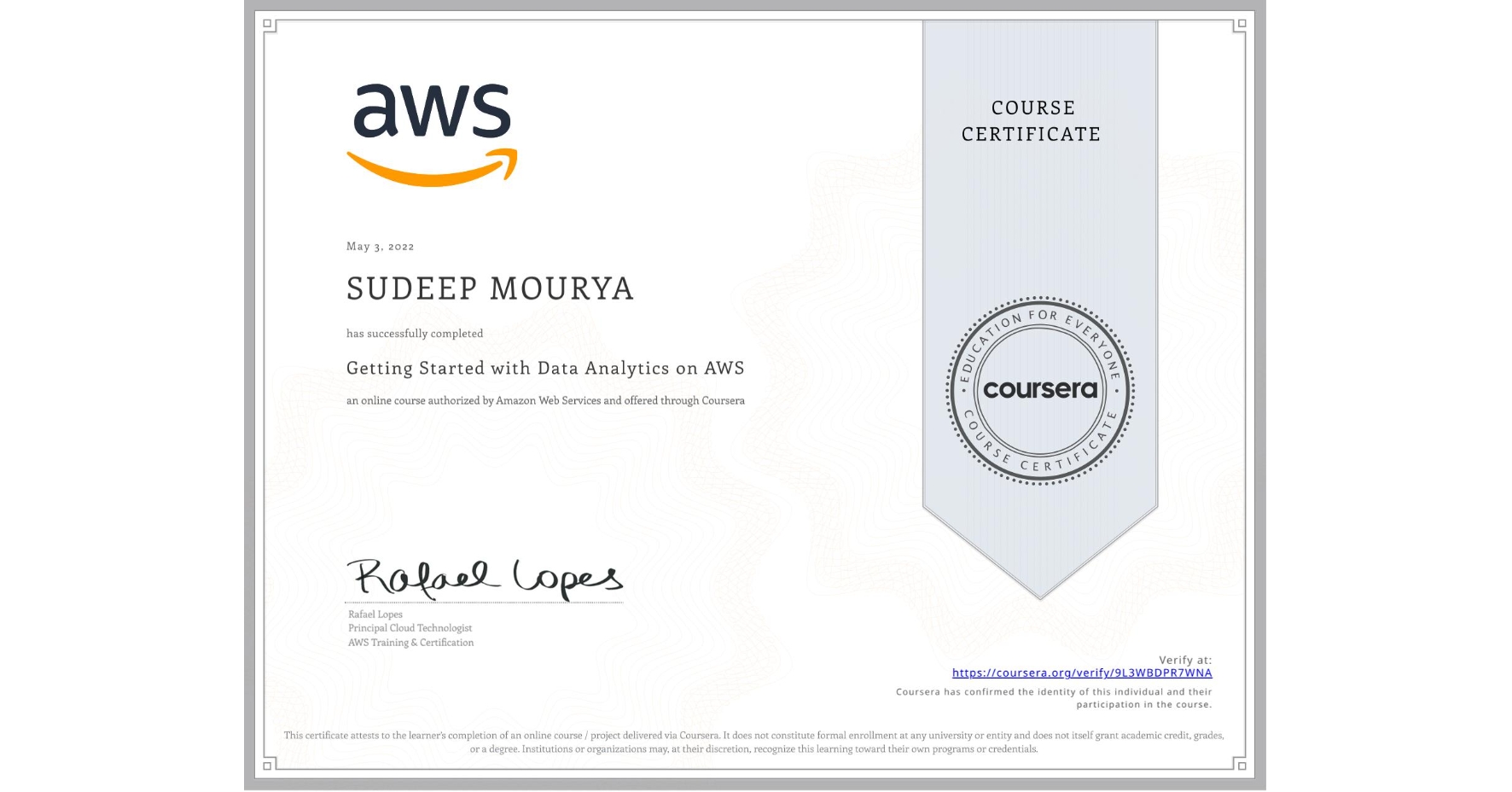 View certificate for SUDEEP MOURYA, Getting Started with Data Analytics on AWS, an online non-credit course authorized by Amazon Web Services and offered through Coursera
