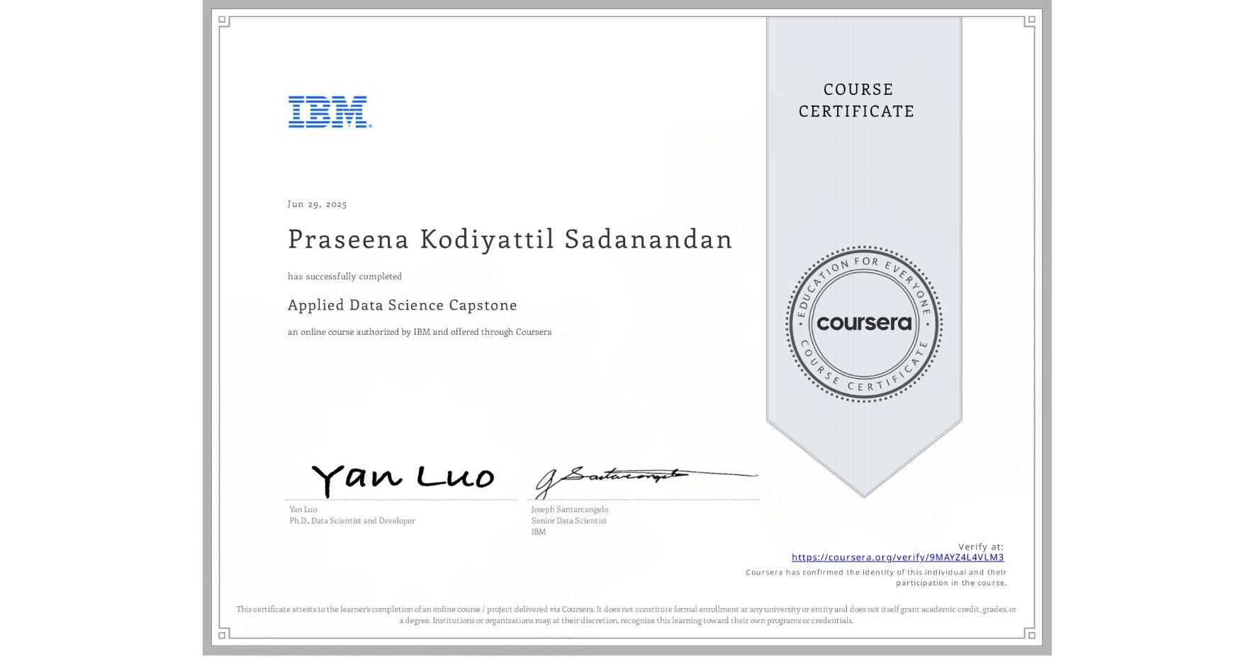 View certificate for Praseena Kodiyattil Sadanandan, Applied Data Science Capstone, an online non-credit course authorized by IBM and offered through Coursera