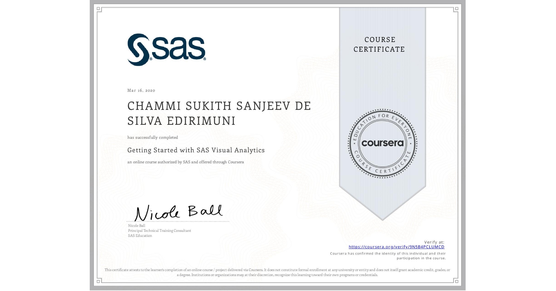 View certificate for CHAMMI SUKITH SANJEEV DE SILVA EDIRIMUNI, Getting Started with SAS Visual Analytics , an online non-credit course authorized by SAS and offered through Coursera