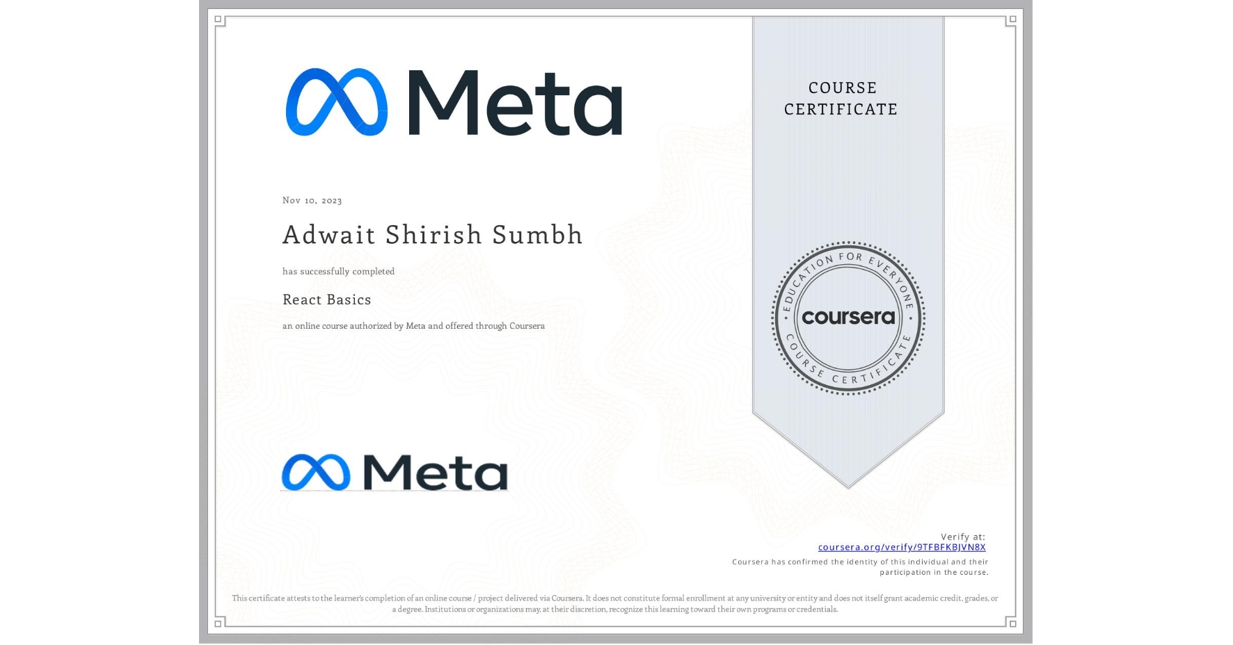 View certificate for Adwait Shirish Sumbh, React Basics, an online non-credit course authorized by Meta and offered through Coursera