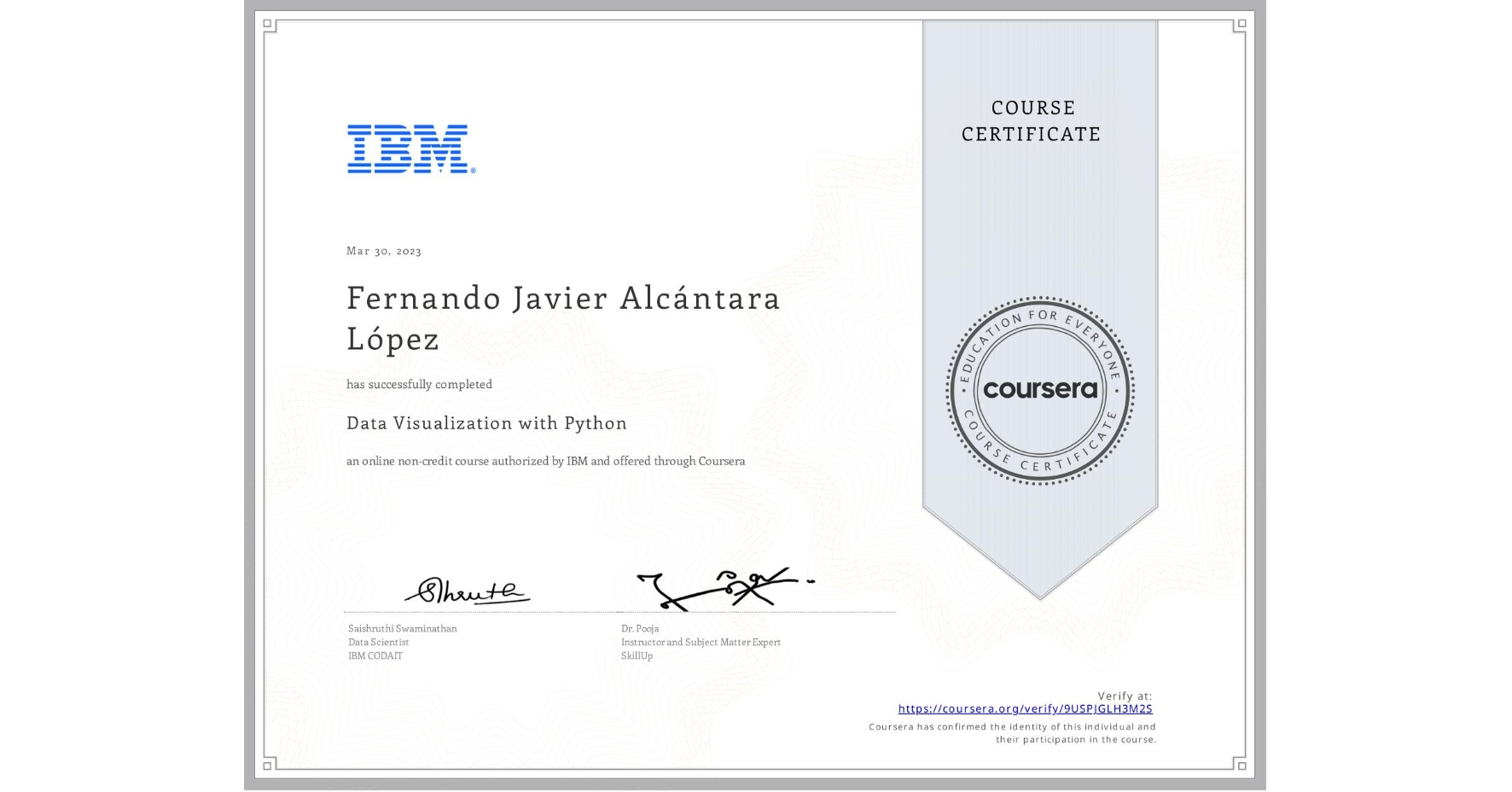 View certificate for Fernando Javier Alcántara López, Data Visualization with Python, an online non-credit course authorized by IBM and offered through Coursera
