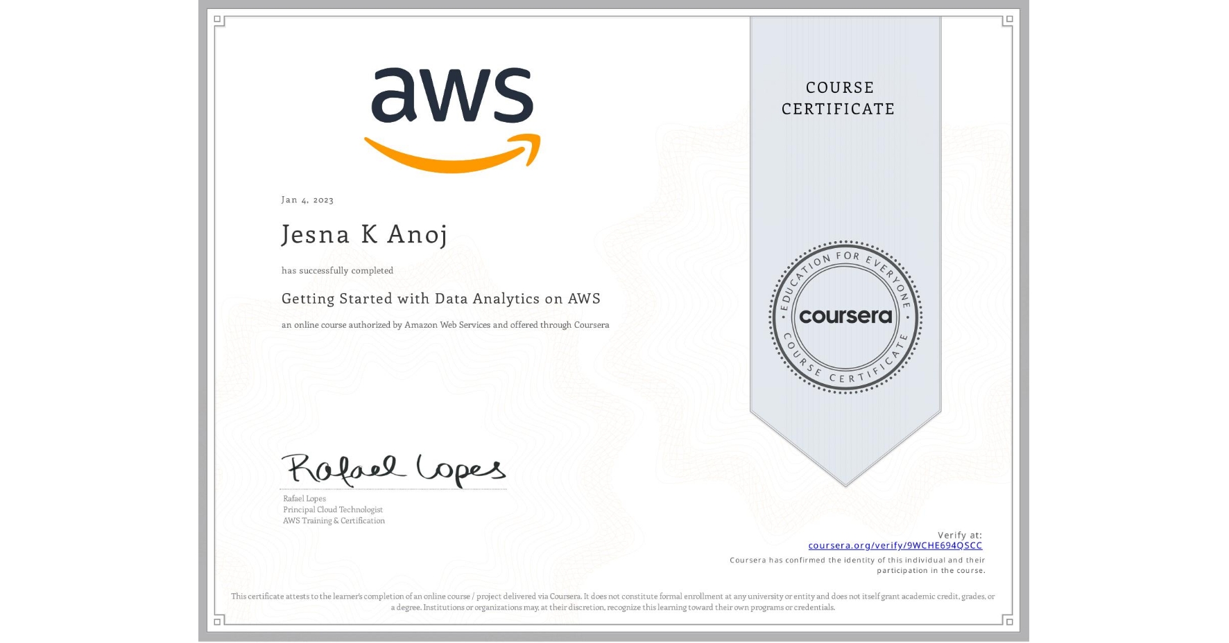 View certificate for Jesna K Anoj, Getting Started with Data Analytics on AWS, an online non-credit course authorized by Amazon Web Services and offered through Coursera