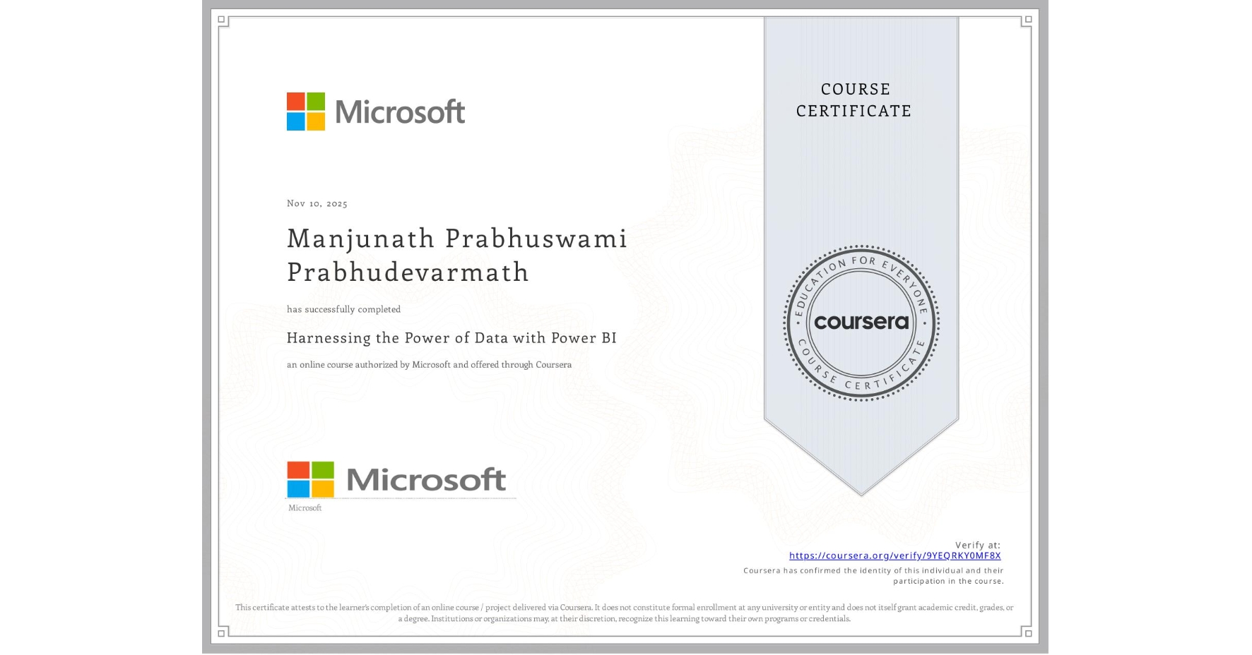 View certificate for Manjunath Prabhuswami Prabhudevarmath, Harnessing the Power of Data with Power BI, an online non-credit course authorized by Microsoft and offered through Coursera