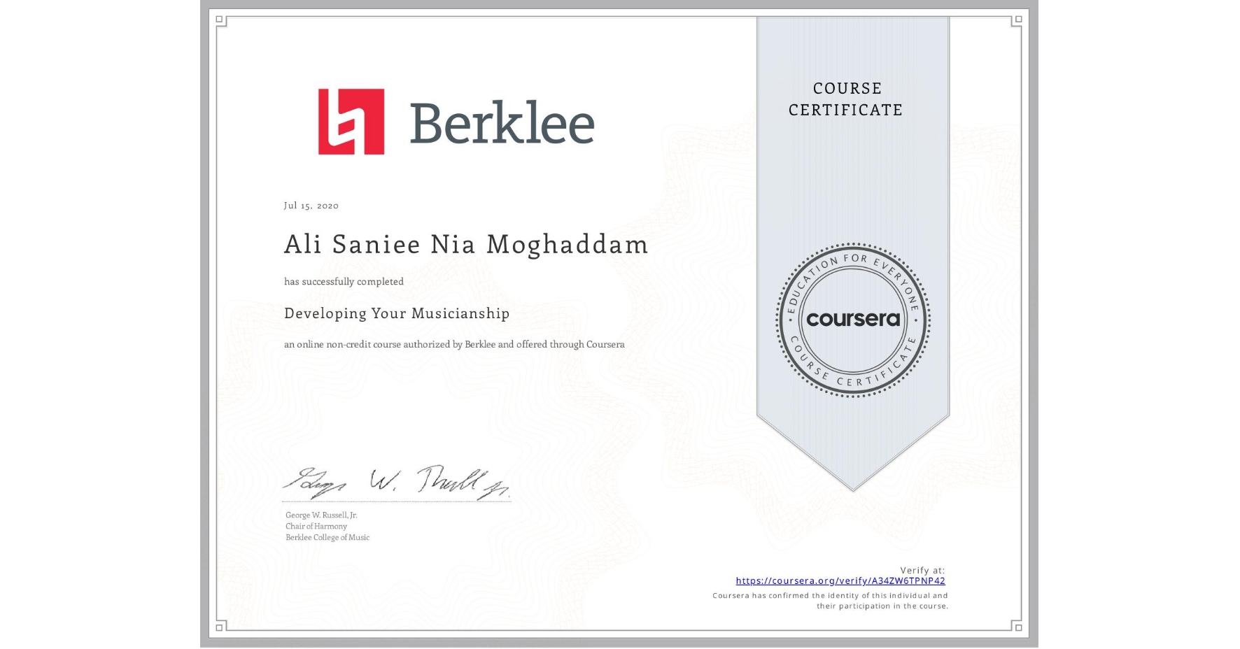 View certificate for Ali Saniee Nia Moghaddam, Developing Your Musicianship, an online non-credit course authorized by Berklee and offered through Coursera
